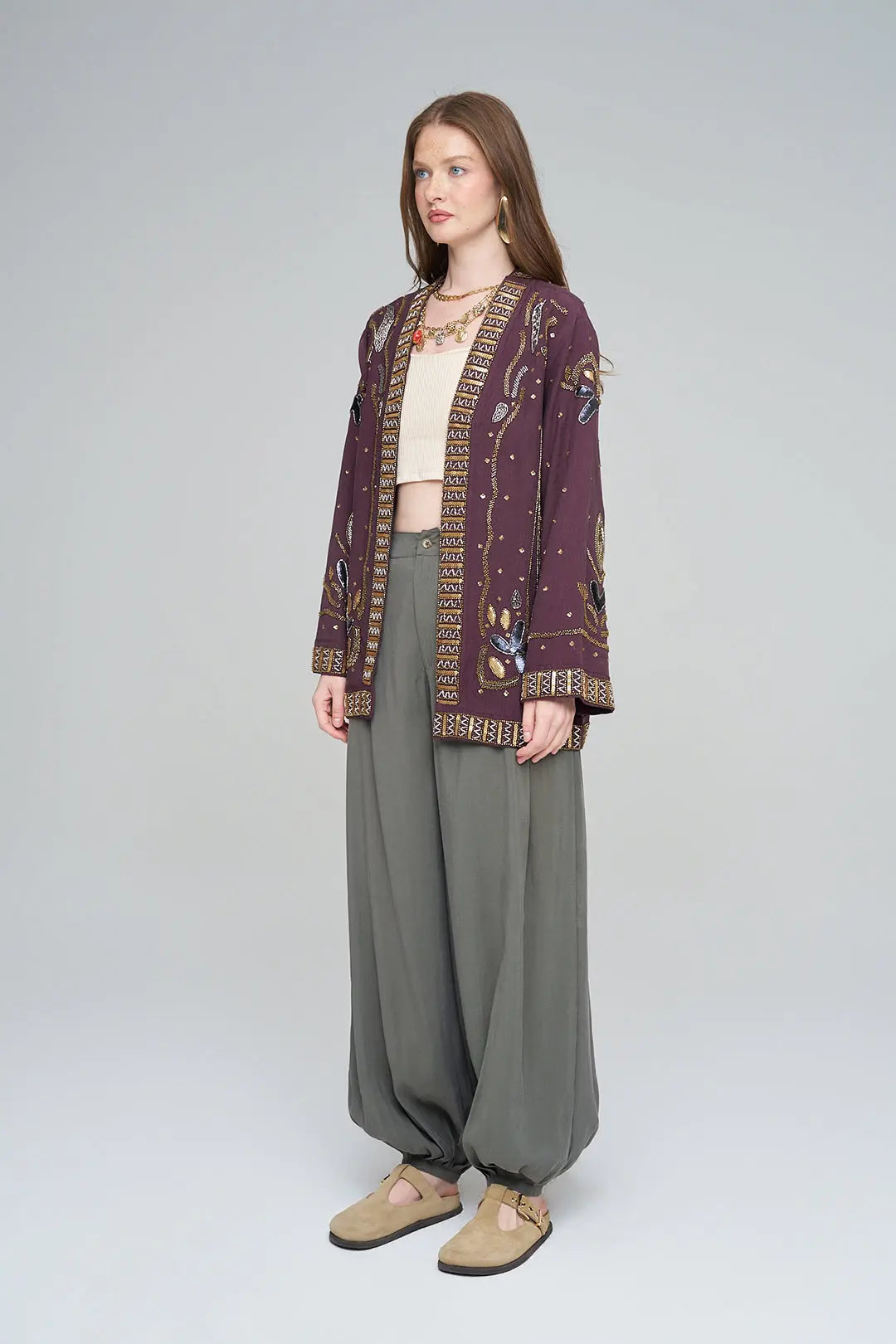 Boncuk ve Pul İşlemeli Bordo Tencel Kimono ORFEONEGRO