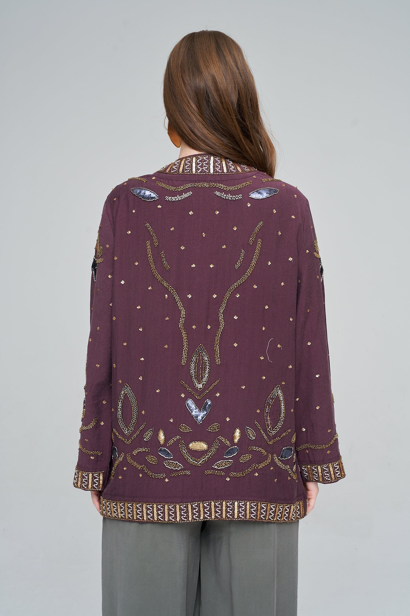 Boncuk ve Pul İşlemeli Bordo Tencel Kimono ORFEONEGRO