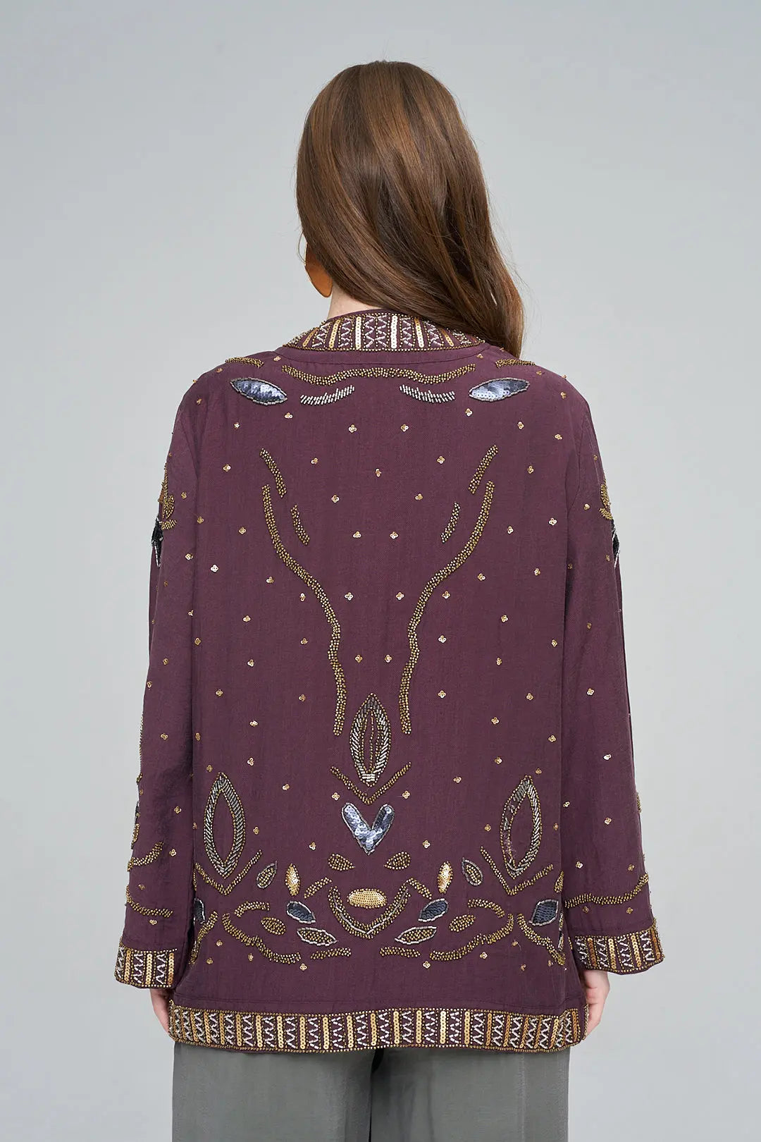 Boncuk ve Pul İşlemeli Bordo Tencel Kimono ORFEONEGRO