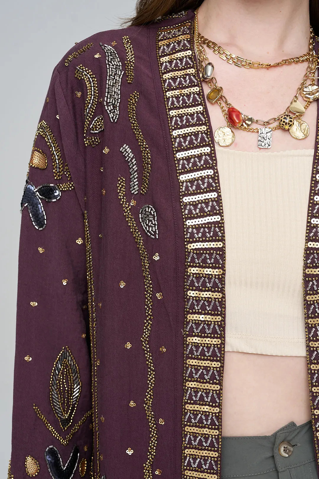 Boncuk ve Pul İşlemeli Bordo Tencel Kimono ORFEONEGRO