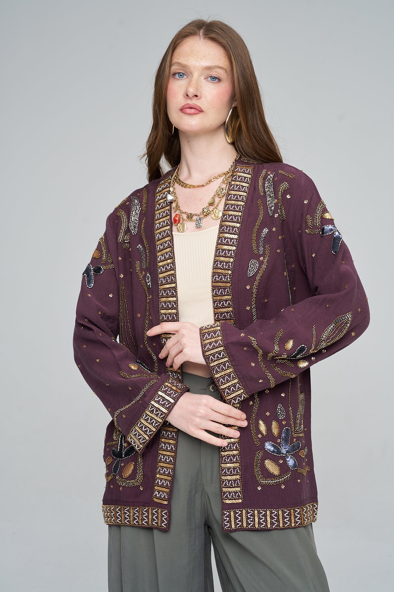 Boncuk ve Pul İşlemeli Bordo Tencel Kimono ORFEONEGRO