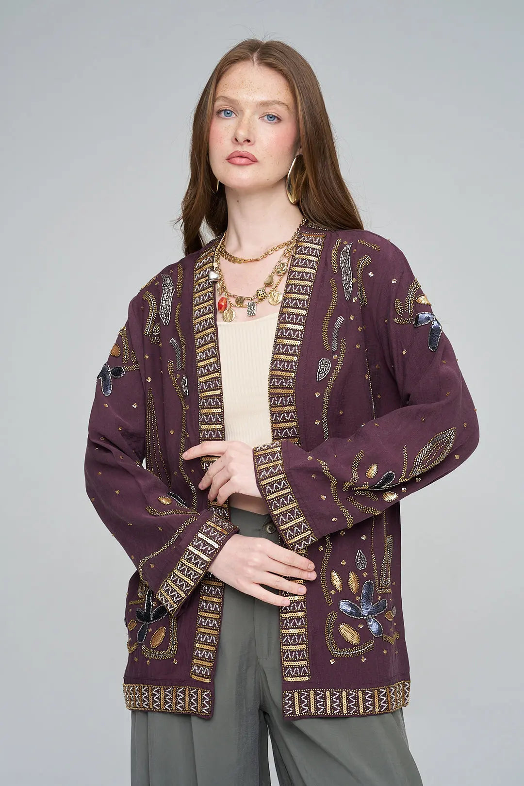Boncuk ve Pul İşlemeli Bordo Tencel Kimono ORFEONEGRO