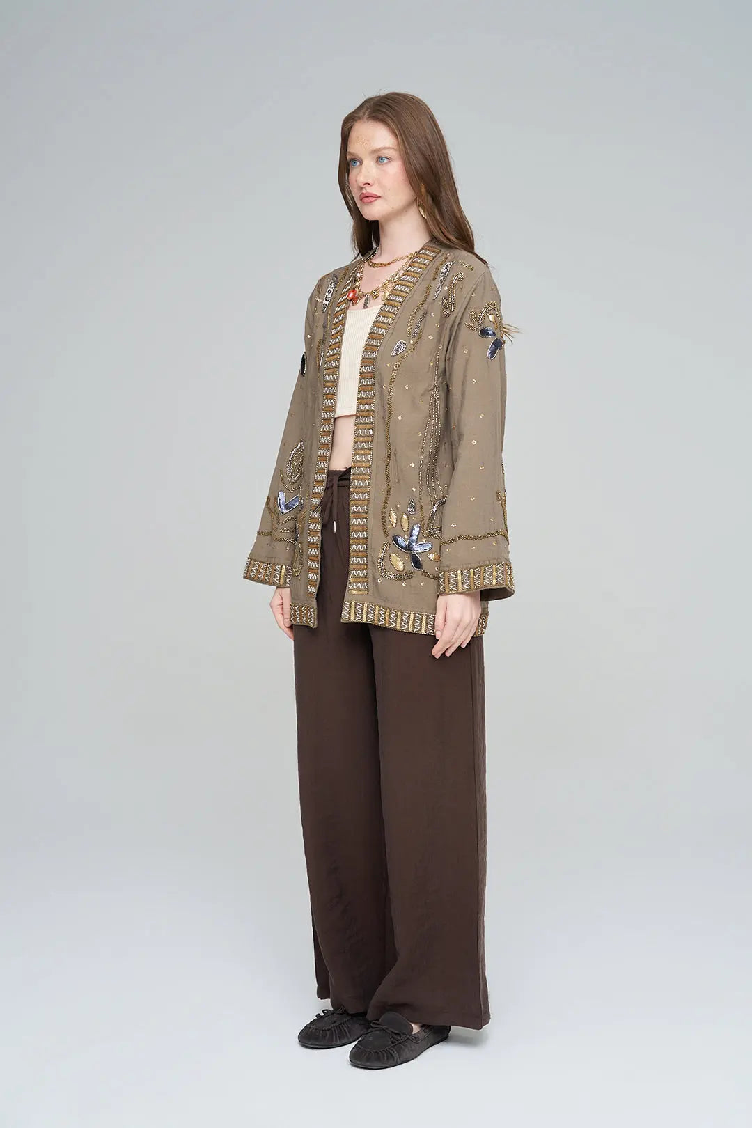 Boncuk ve Pul İşlemeli Haki Tencel Kimono ORFEONEGRO