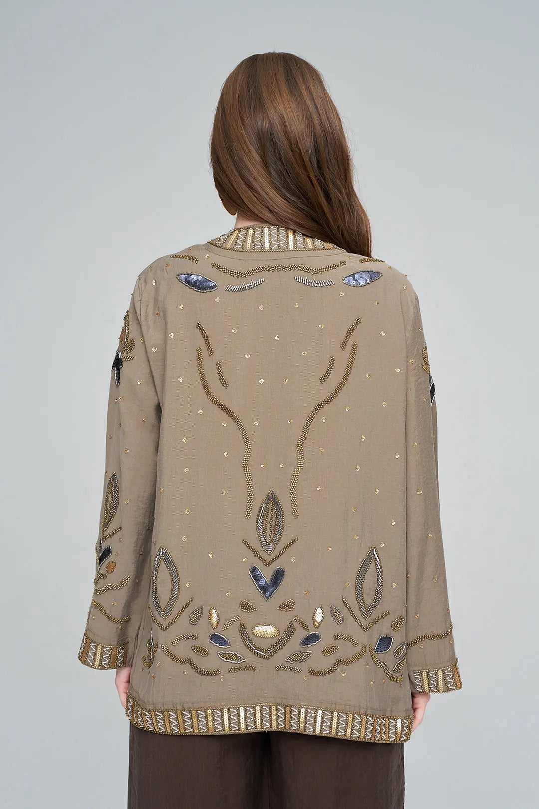 Boncuk ve Pul İşlemeli Haki Tencel Kimono ORFEONEGRO