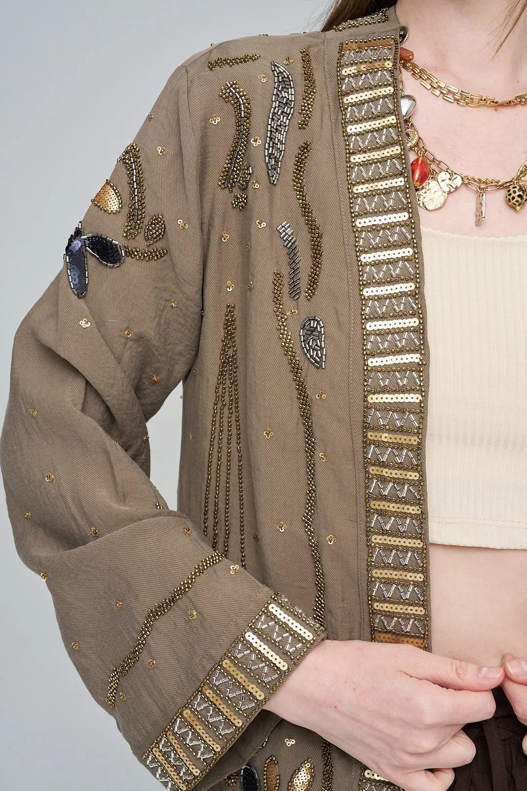 Boncuk ve Pul İşlemeli Haki Tencel Kimono ORFEONEGRO