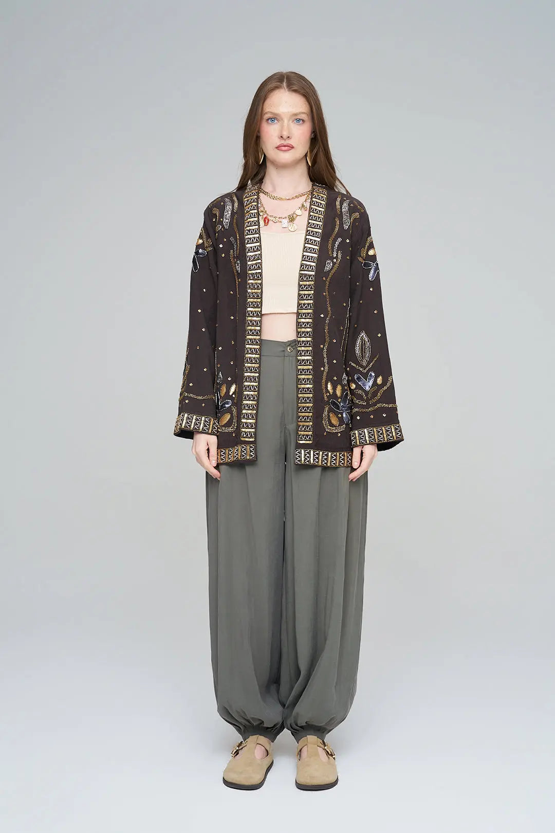 Boncuk ve Pul İşlemeli Kahve Tencel Kimono ORFEONEGRO