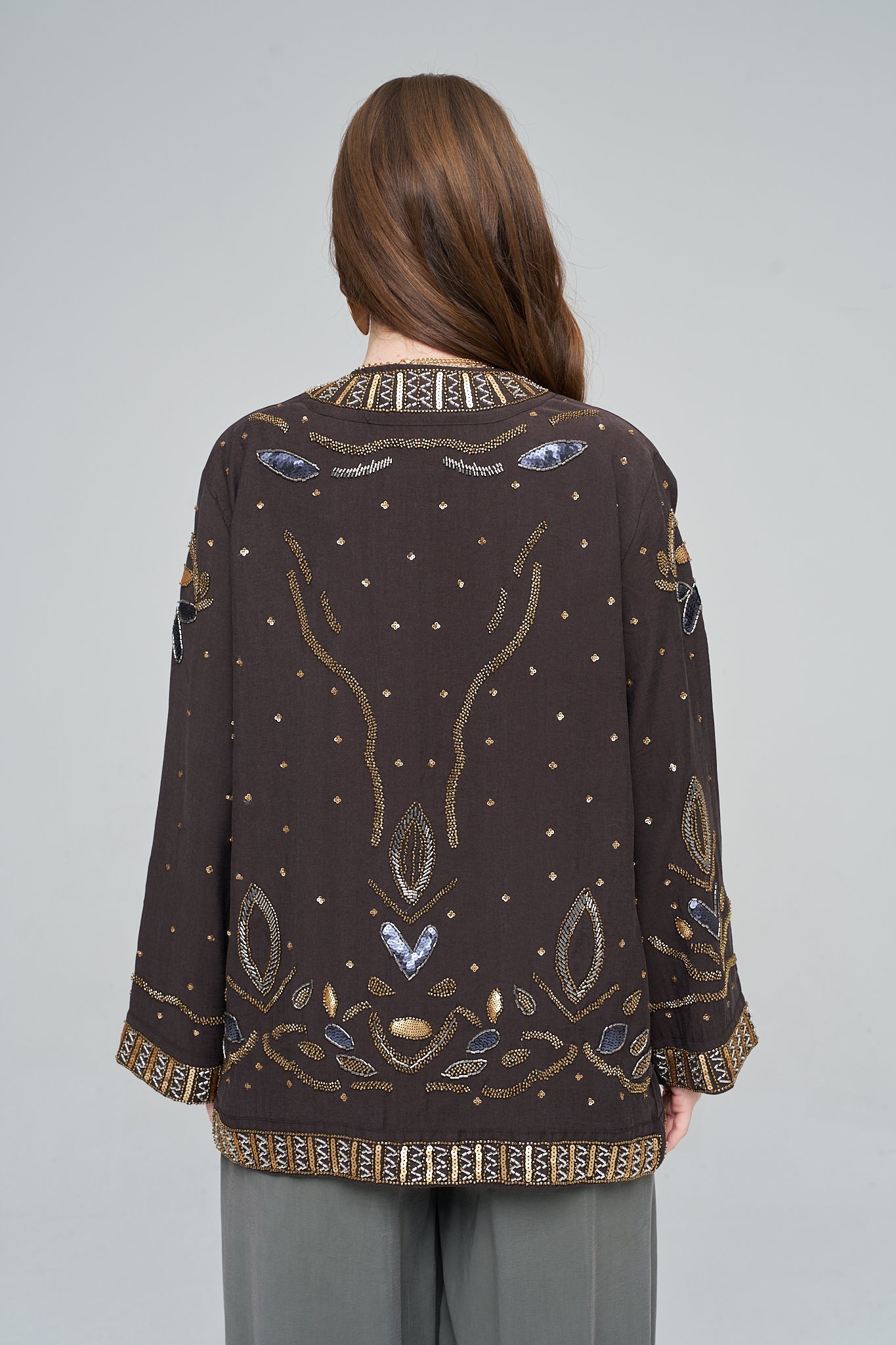 Boncuk ve Pul İşlemeli Kahve Tencel Kimono ORFEONEGRO