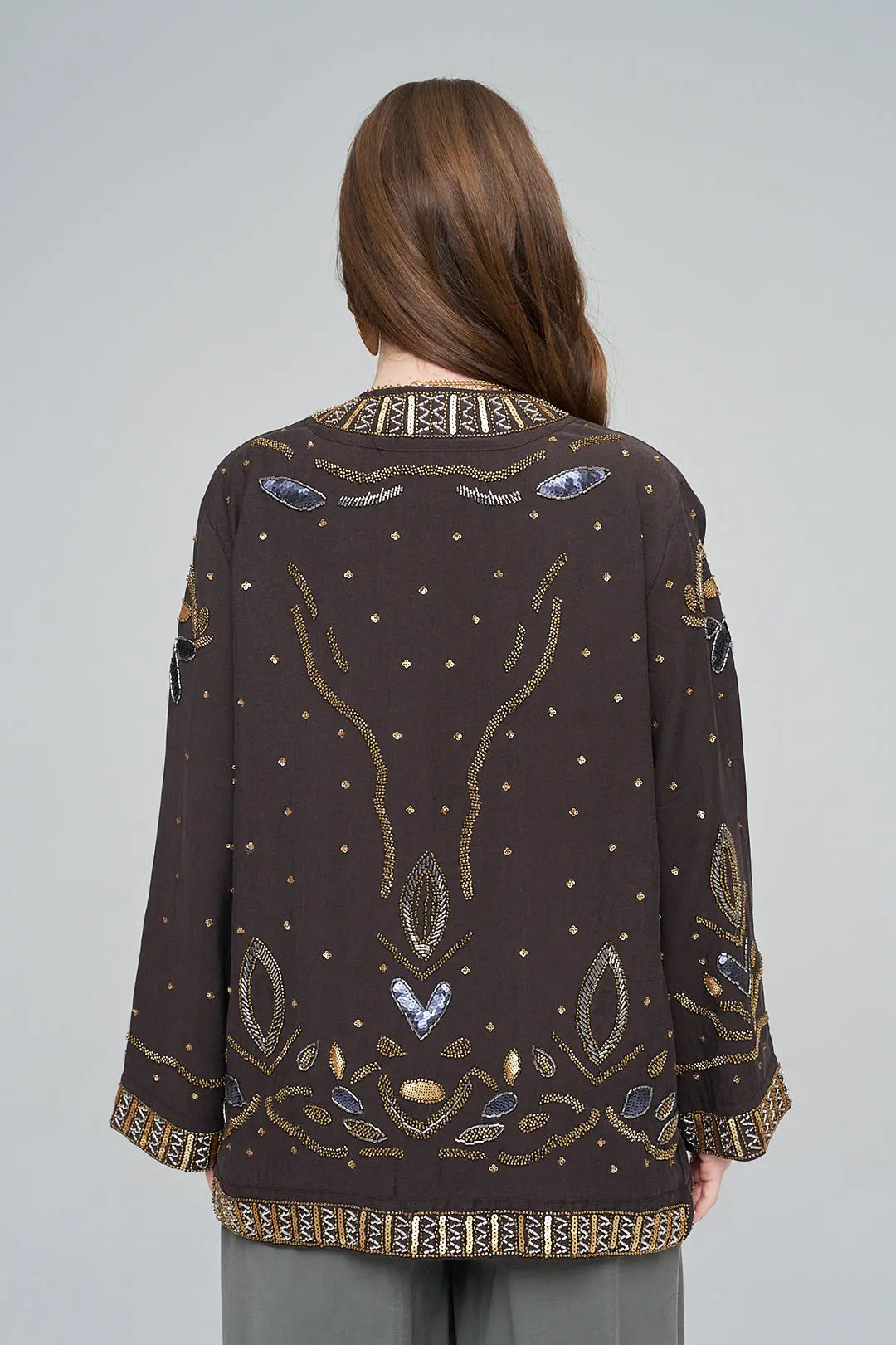 Boncuk ve Pul İşlemeli Kahve Tencel Kimono ORFEONEGRO