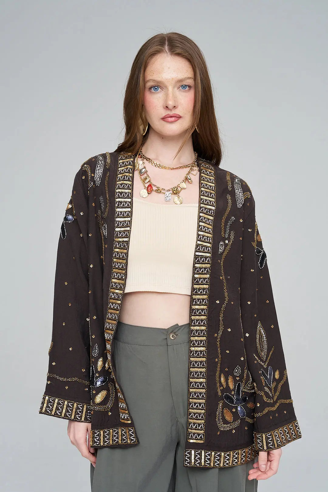 Boncuk ve Pul İşlemeli Kahve Tencel Kimono ORFEONEGRO