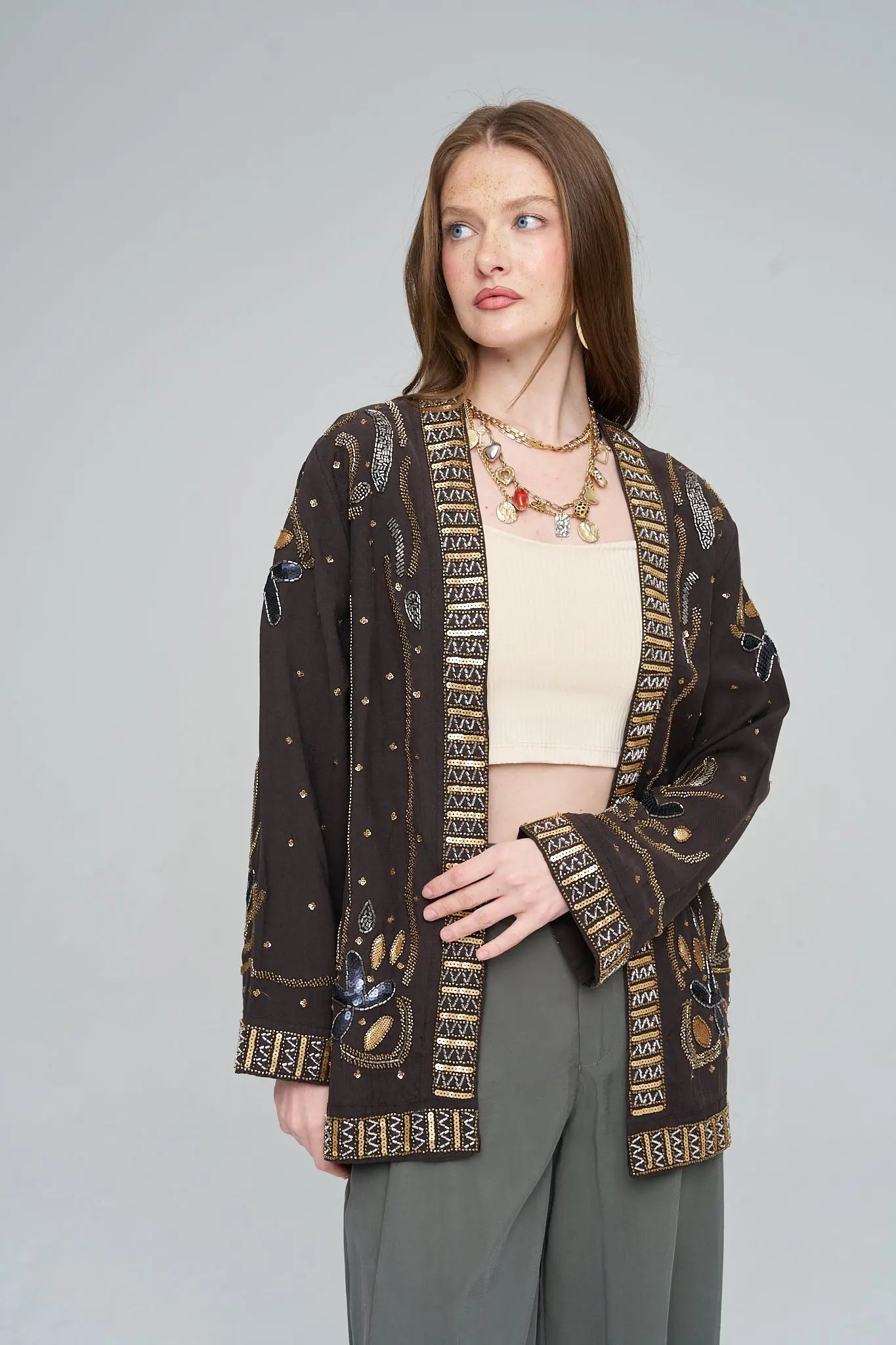 Boncuk ve Pul İşlemeli Kahve Tencel Kimono ORFEONEGRO