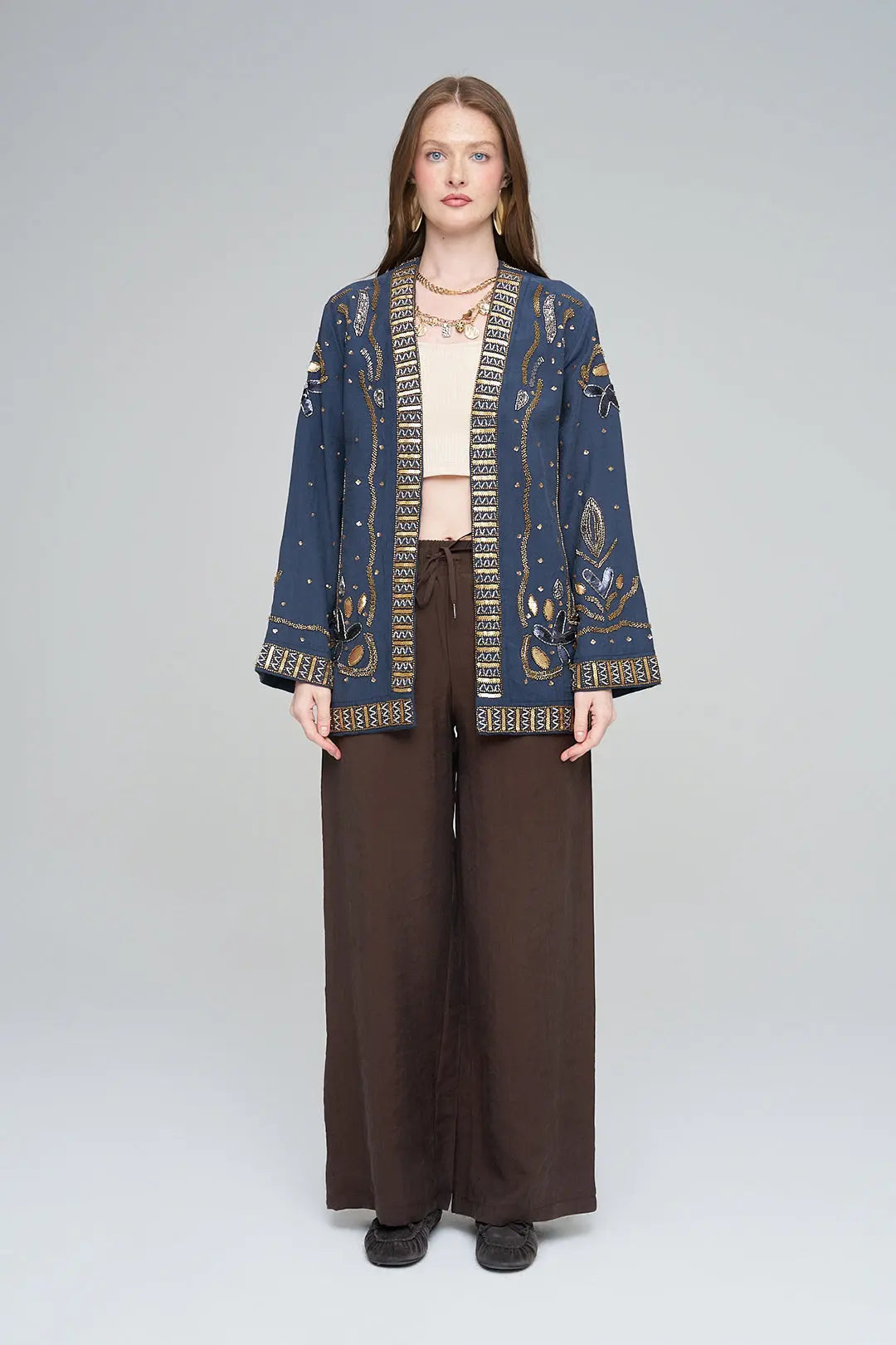 Boncuk ve Pul İşlemeli Laci Tencel Kimono ORFEONEGRO