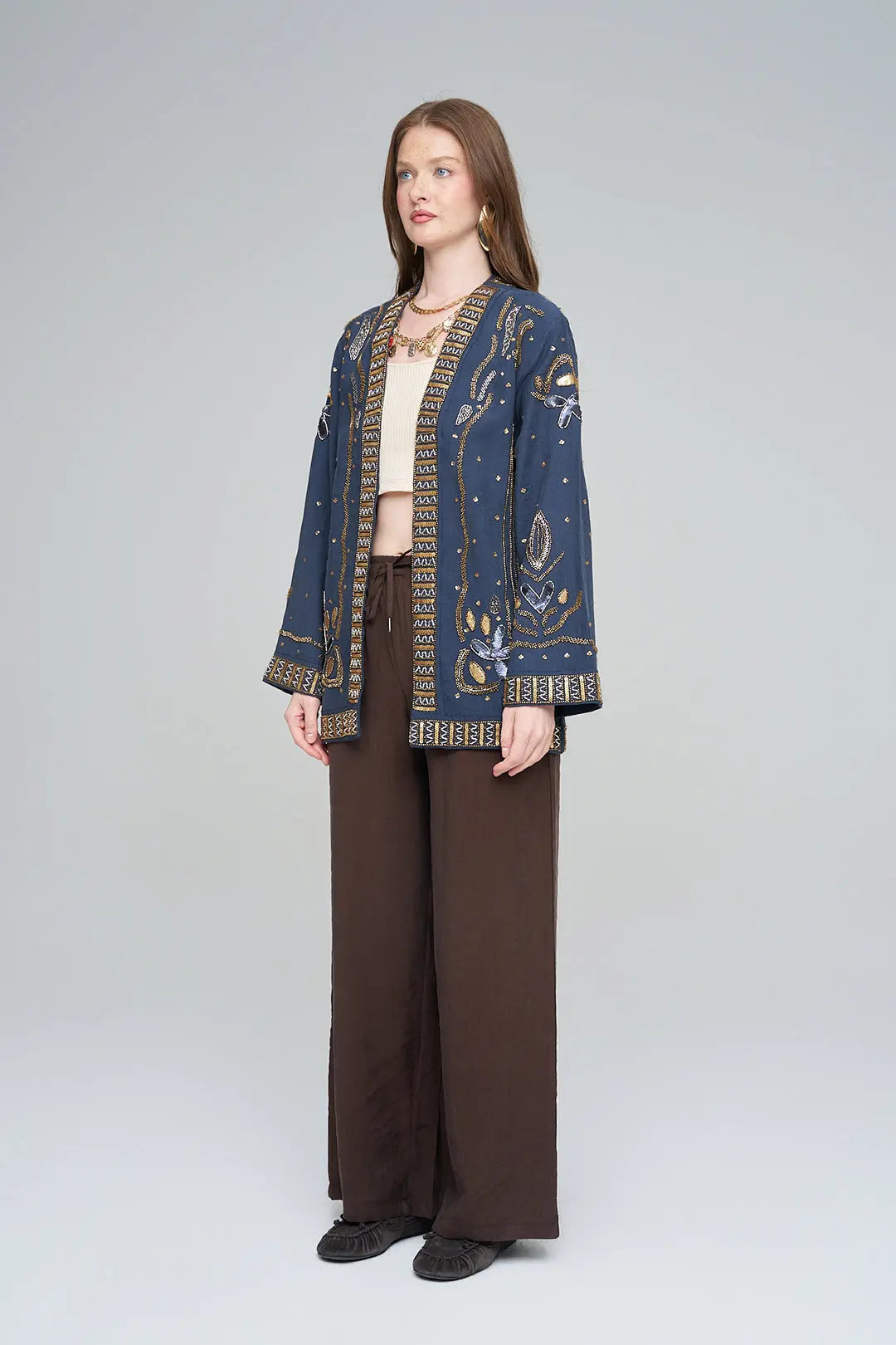 Boncuk ve Pul İşlemeli Laci Tencel Kimono ORFEONEGRO