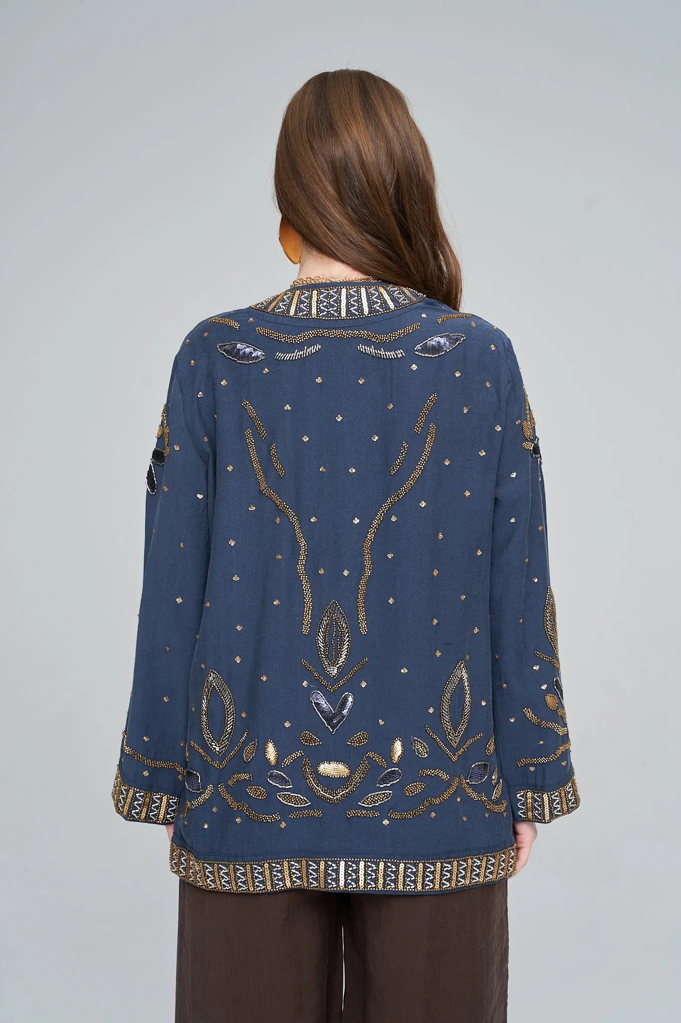 Boncuk ve Pul İşlemeli Laci Tencel Kimono ORFEONEGRO
