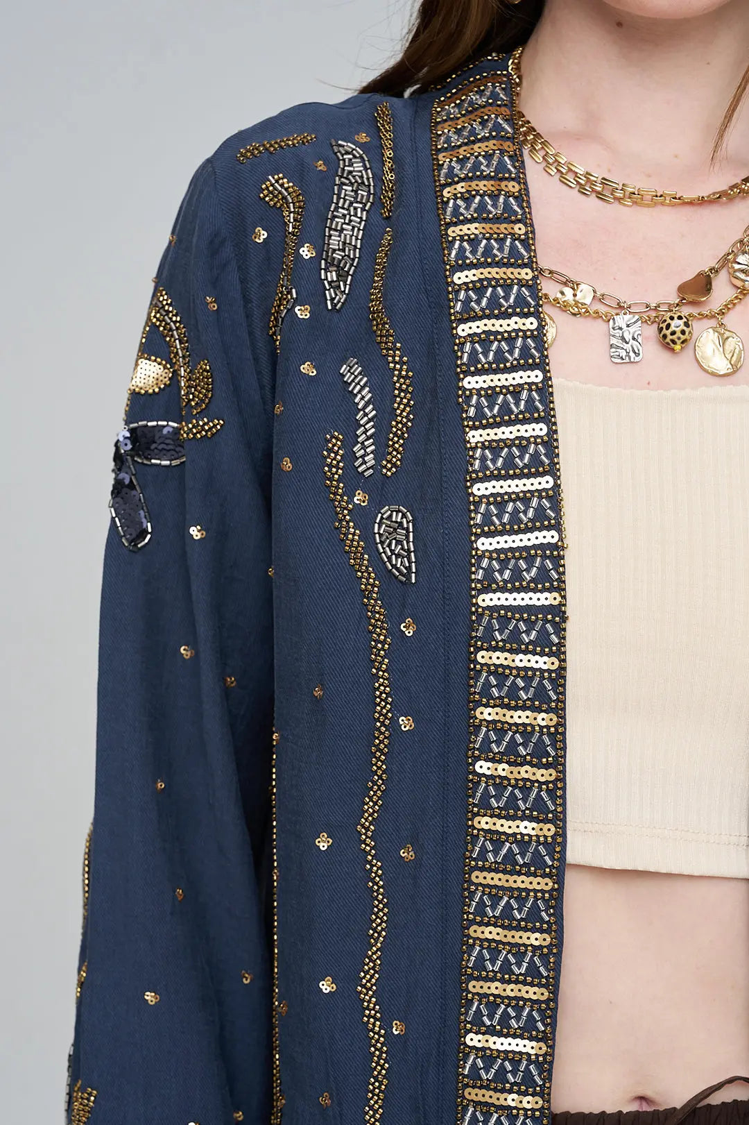 Boncuk ve Pul İşlemeli Laci Tencel Kimono ORFEONEGRO