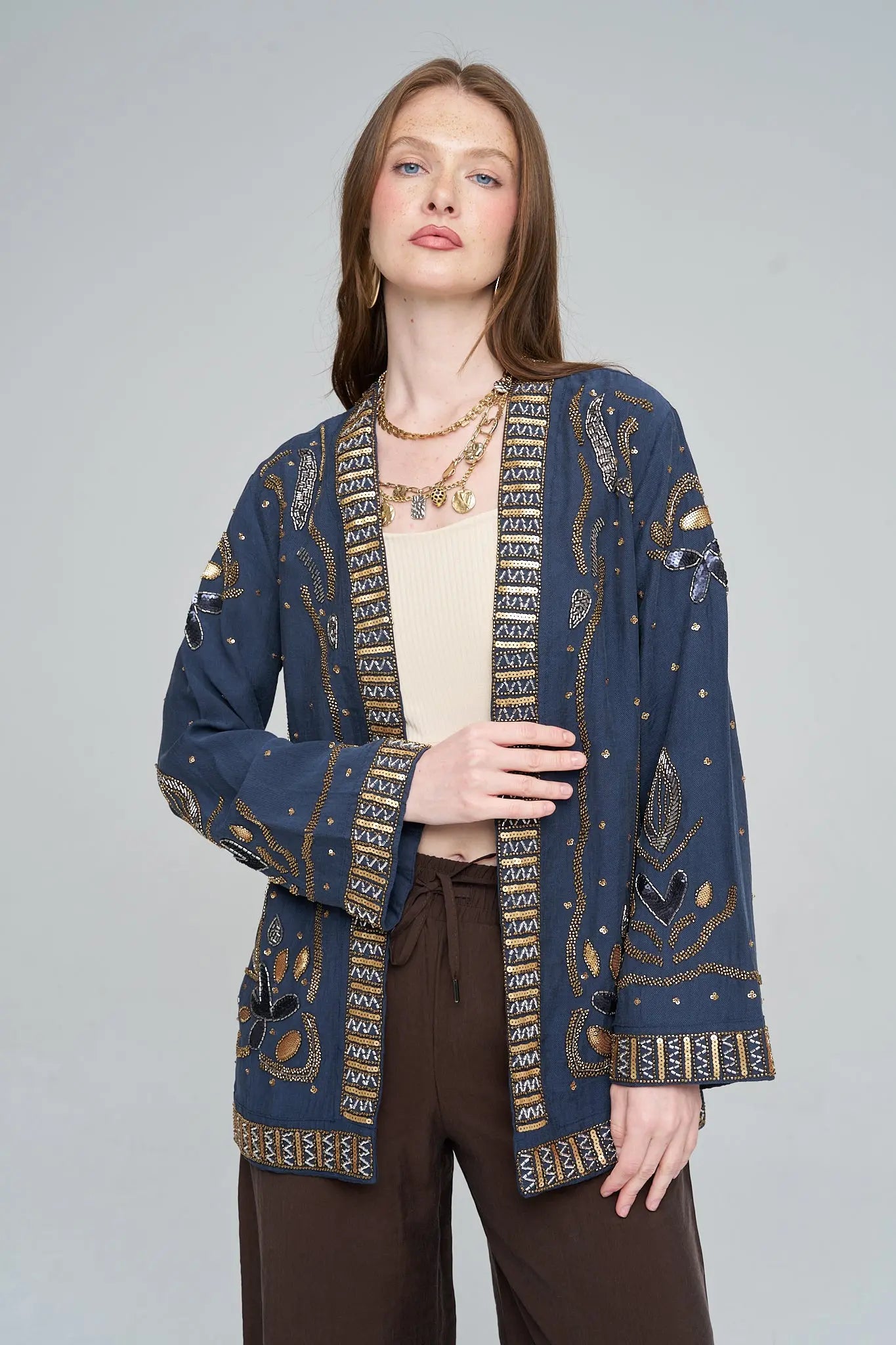 Boncuk ve Pul İşlemeli Laci Tencel Kimono ORFEONEGRO