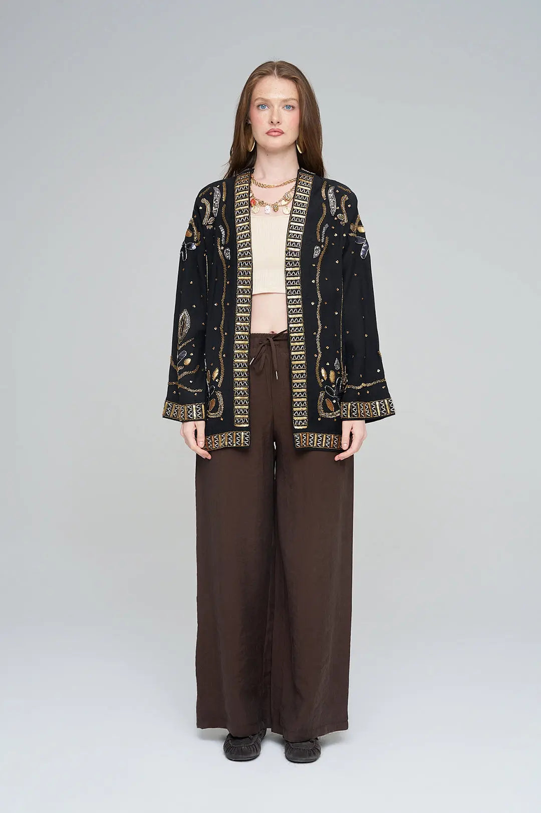 Boncuk ve Pul İşlemeli Siyah Tencel Kimono ORFEONEGRO