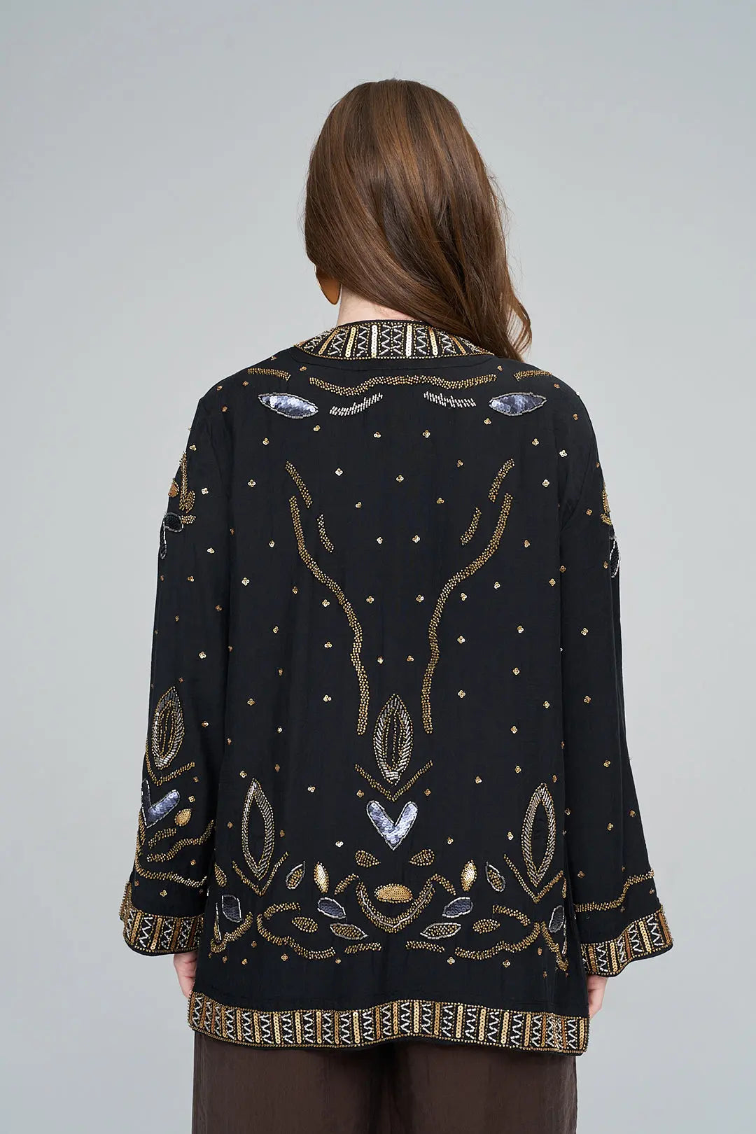 Boncuk ve Pul İşlemeli Siyah Tencel Kimono ORFEONEGRO