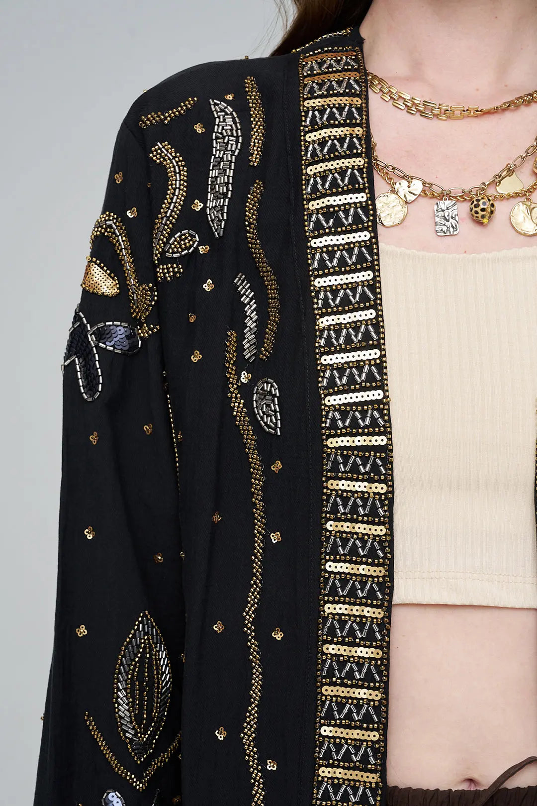 Boncuk ve Pul İşlemeli Siyah Tencel Kimono ORFEONEGRO