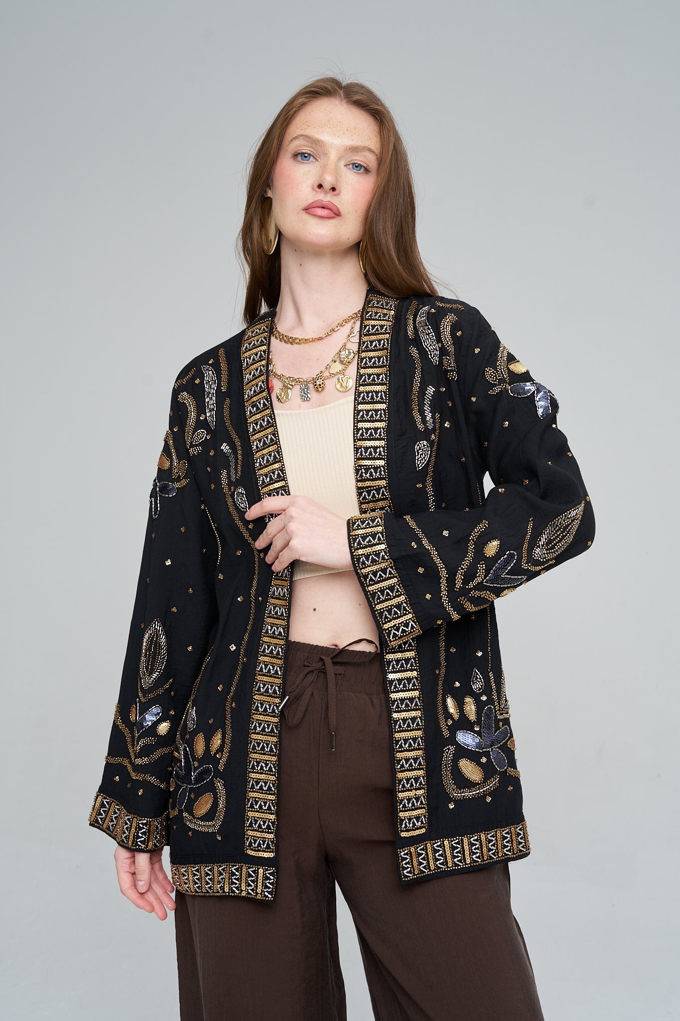 Boncuk ve Pul İşlemeli Siyah Tencel Kimono ORFEONEGRO