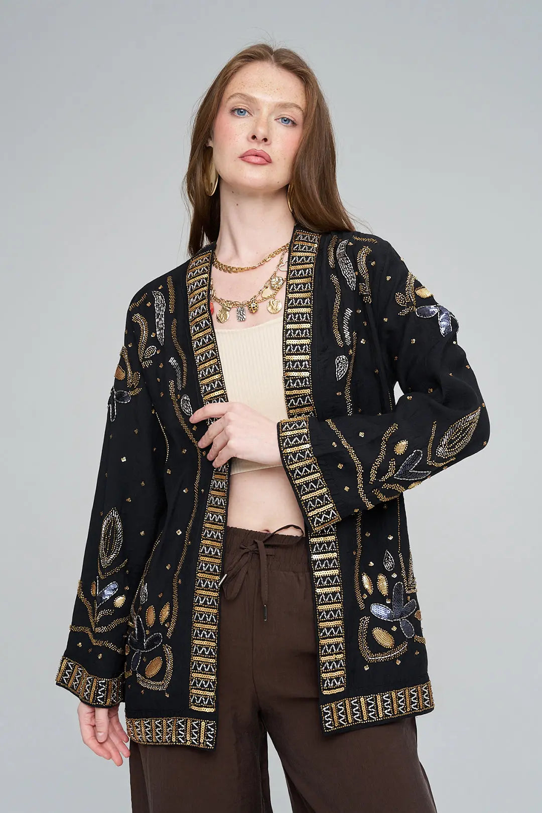 Boncuk ve Pul İşlemeli Siyah Tencel Kimono ORFEONEGRO