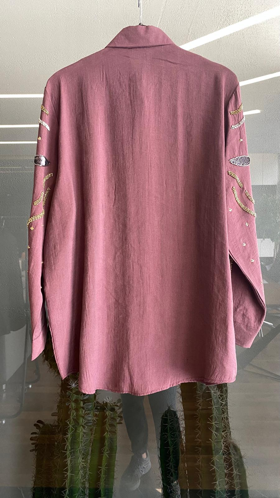 Özel Tasarım El İşlemeli Oversize Bordo Gömlek