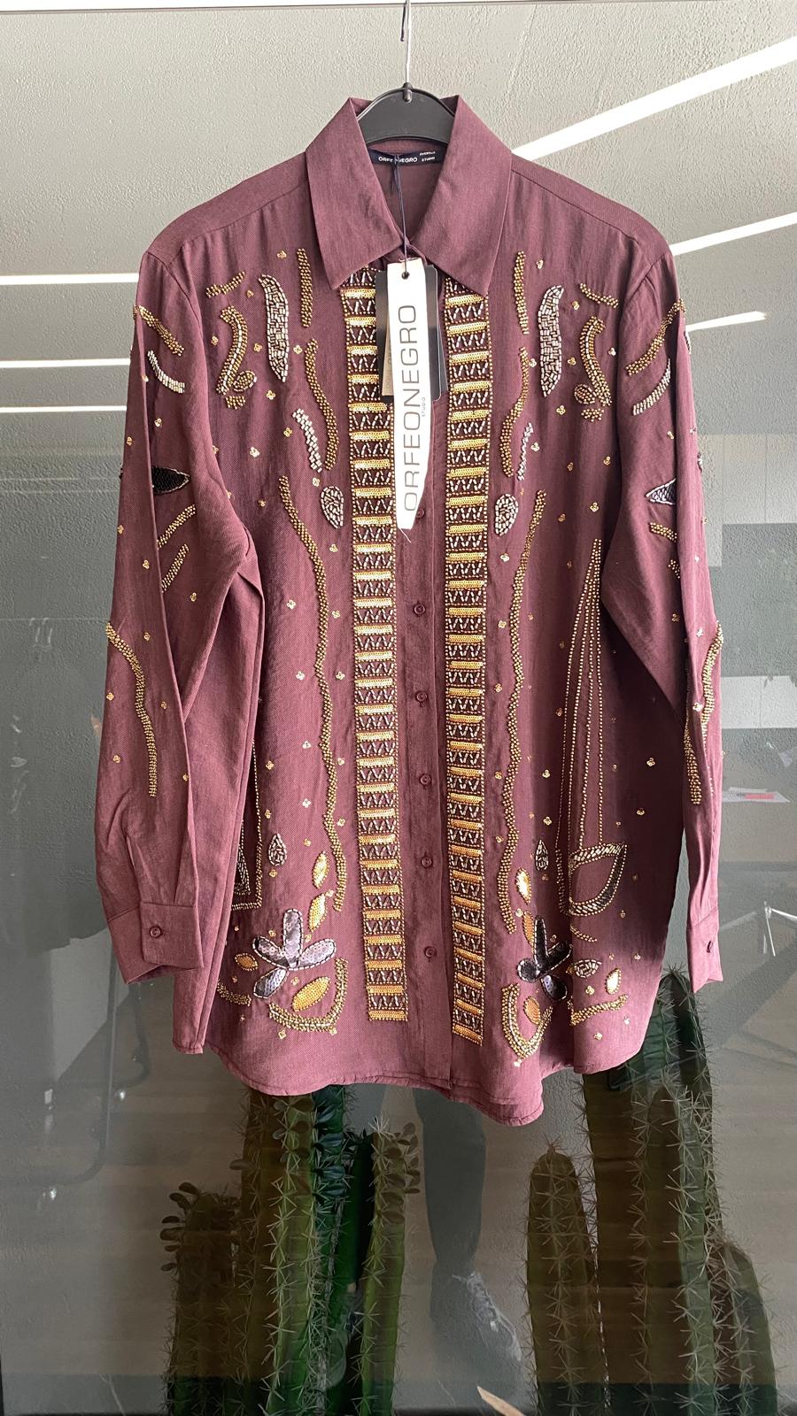 Özel Tasarım El İşlemeli Oversize Bordo Gömlek