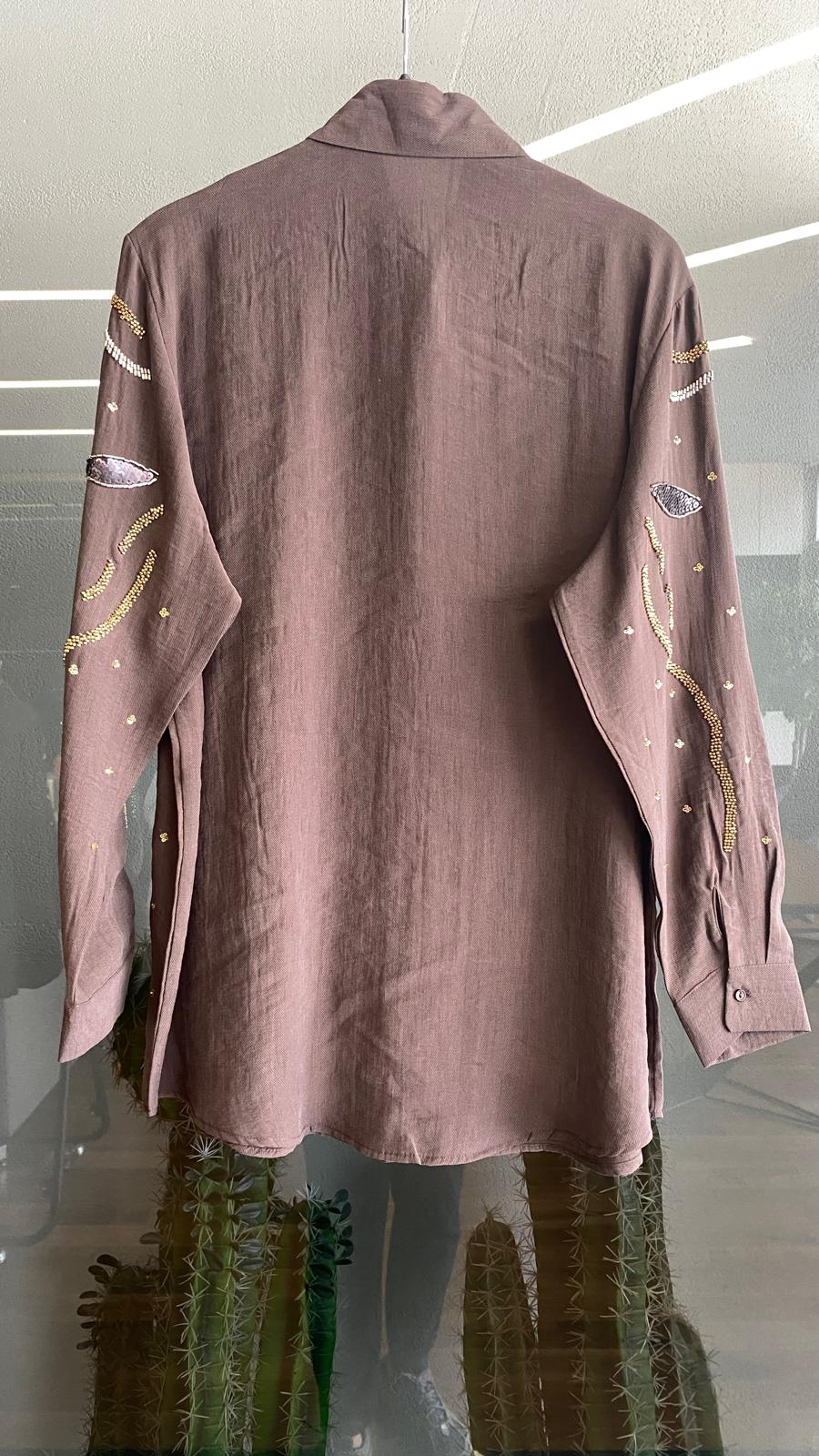 Özel Tasarım El İşlemeli Oversize Kahverengi Gömlek