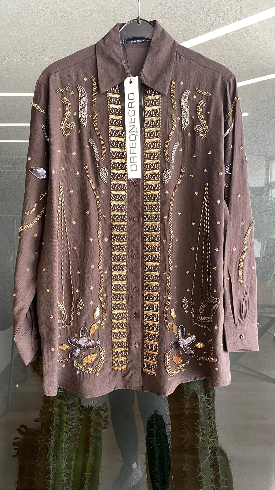 Özel Tasarım El İşlemeli Oversize Kahverengi Gömlek