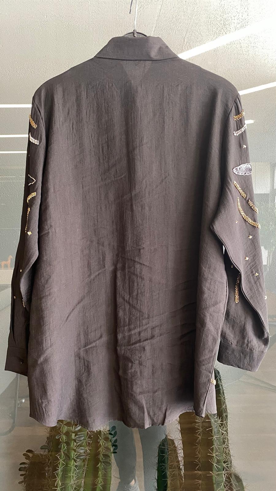 Özel Tasarım El İşlemeli Oversize Siyah Gömlek