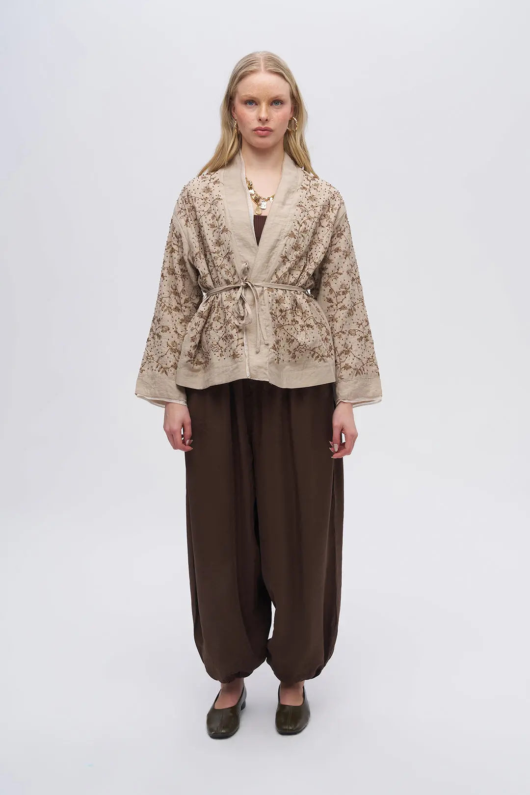 Nakış ve Boncuk İşlemeli Kimono Bej ORFEONEGRO