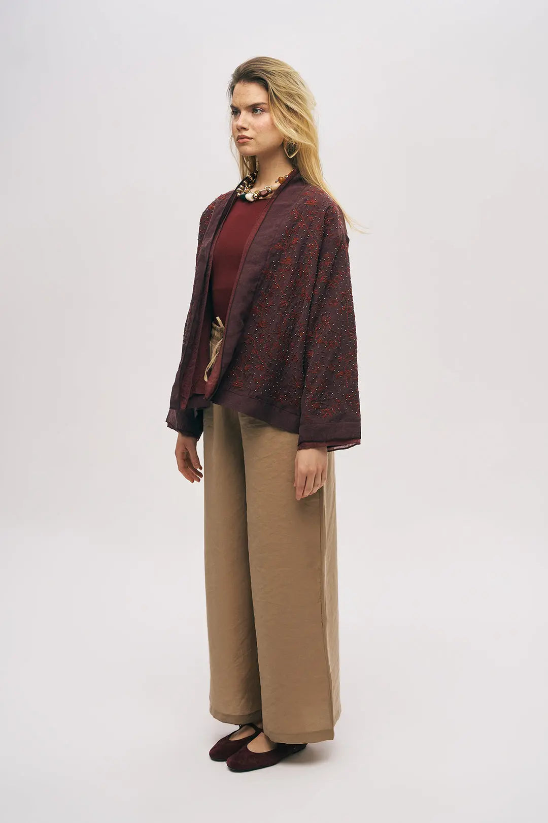 Nakış ve Boncuk İşlemeli Kimono Bordo ORFEONEGRO