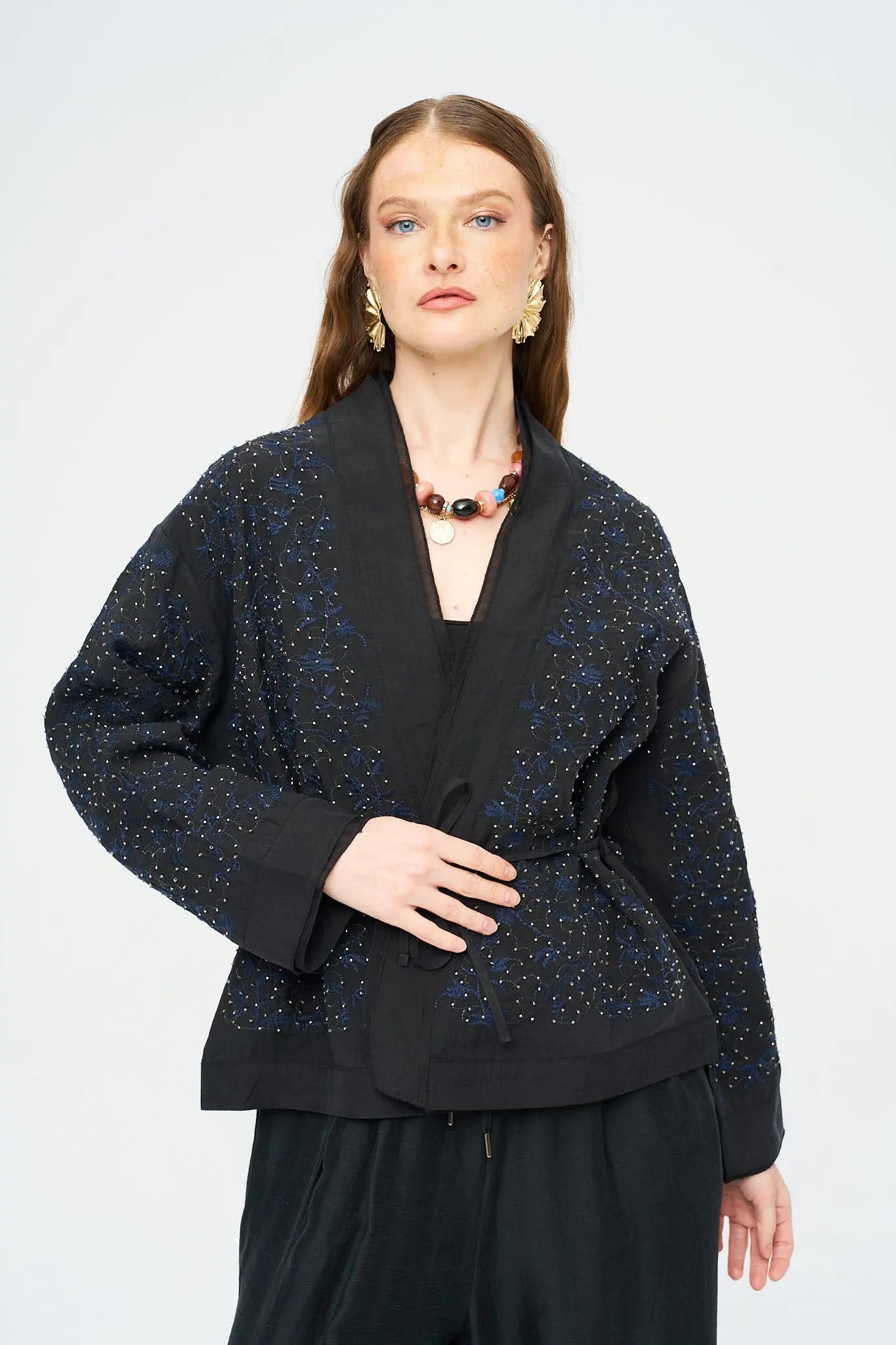 Nakış ve Boncuk İşlemeli Kimono Siyah ORFEONEGRO