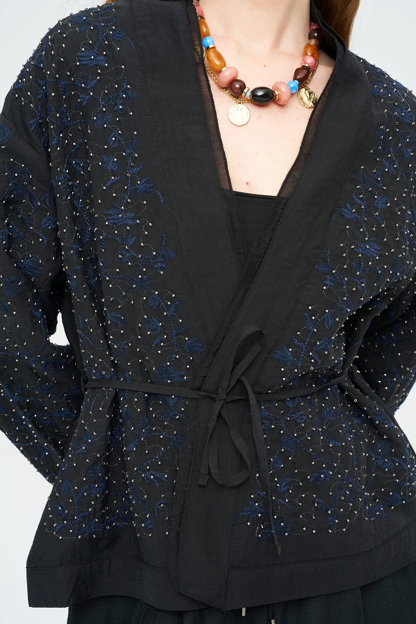 Nakış ve Boncuk İşlemeli Kimono Siyah ORFEONEGRO