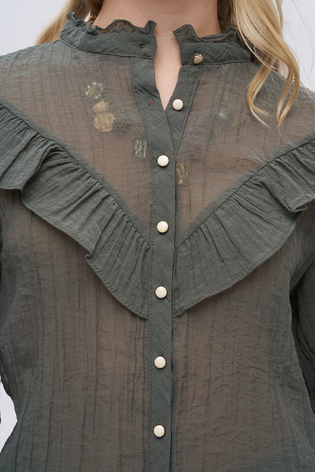 Haki Fırfır Detaylı Dik Yaka Bluz