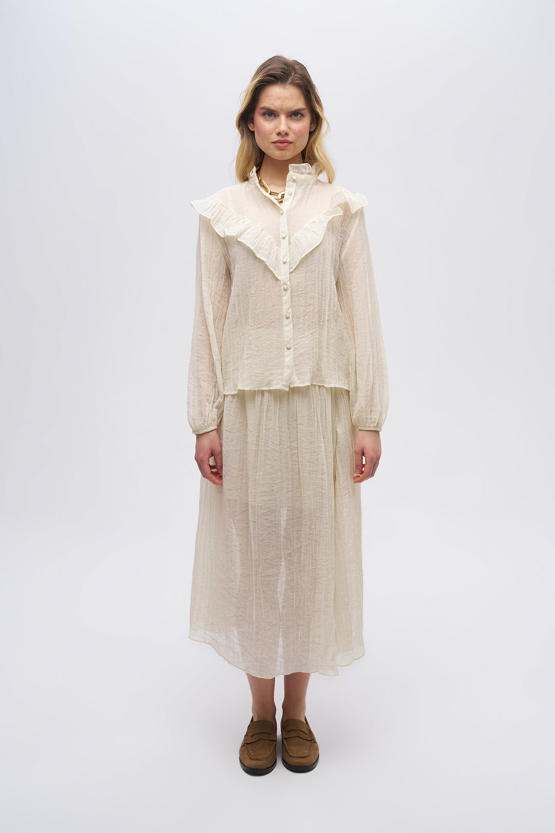 Sarı Fırfır Detaylı Dik Yaka Bluz