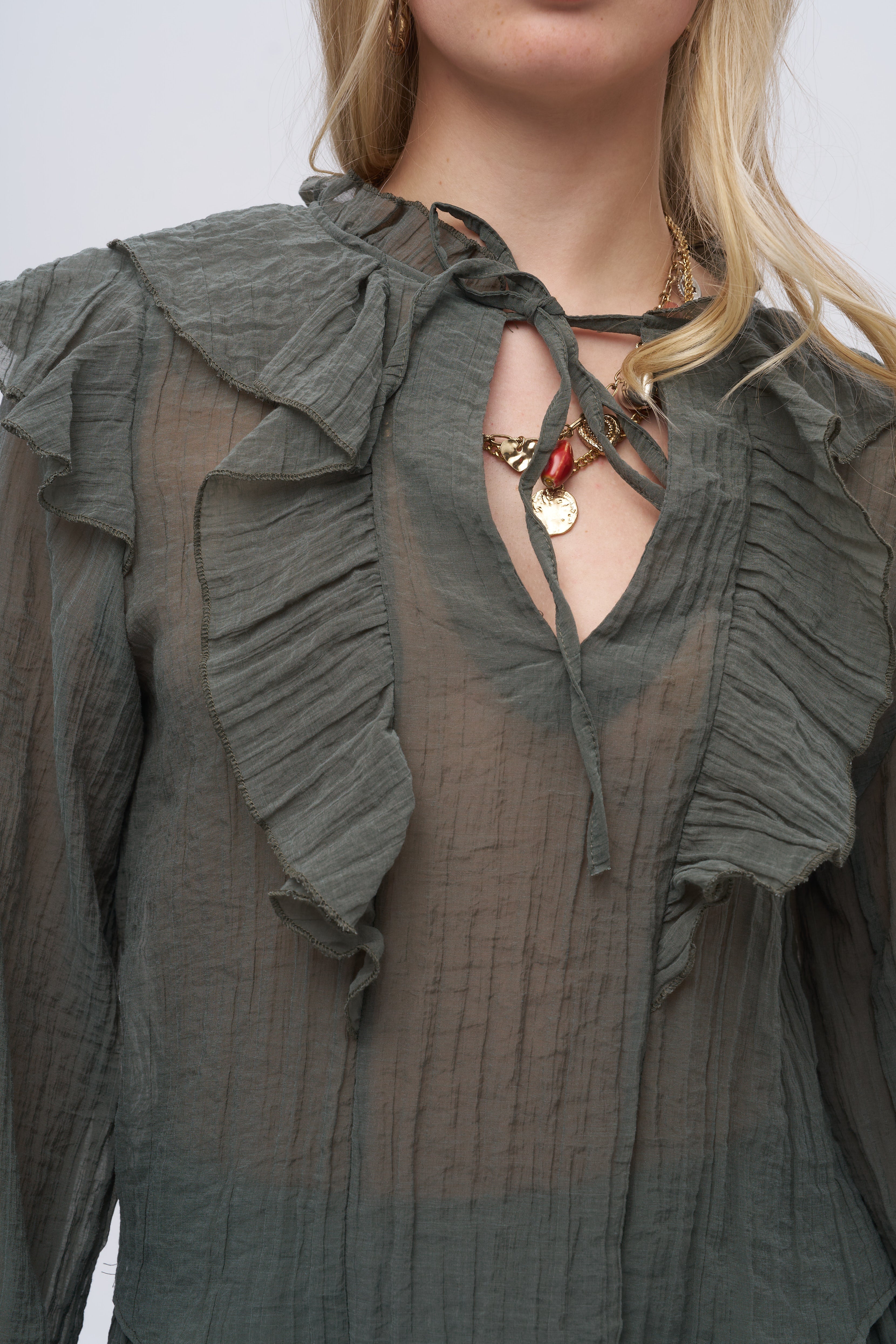 Fırfır Detaylı Yaka Bağlamalı Haki Bluz