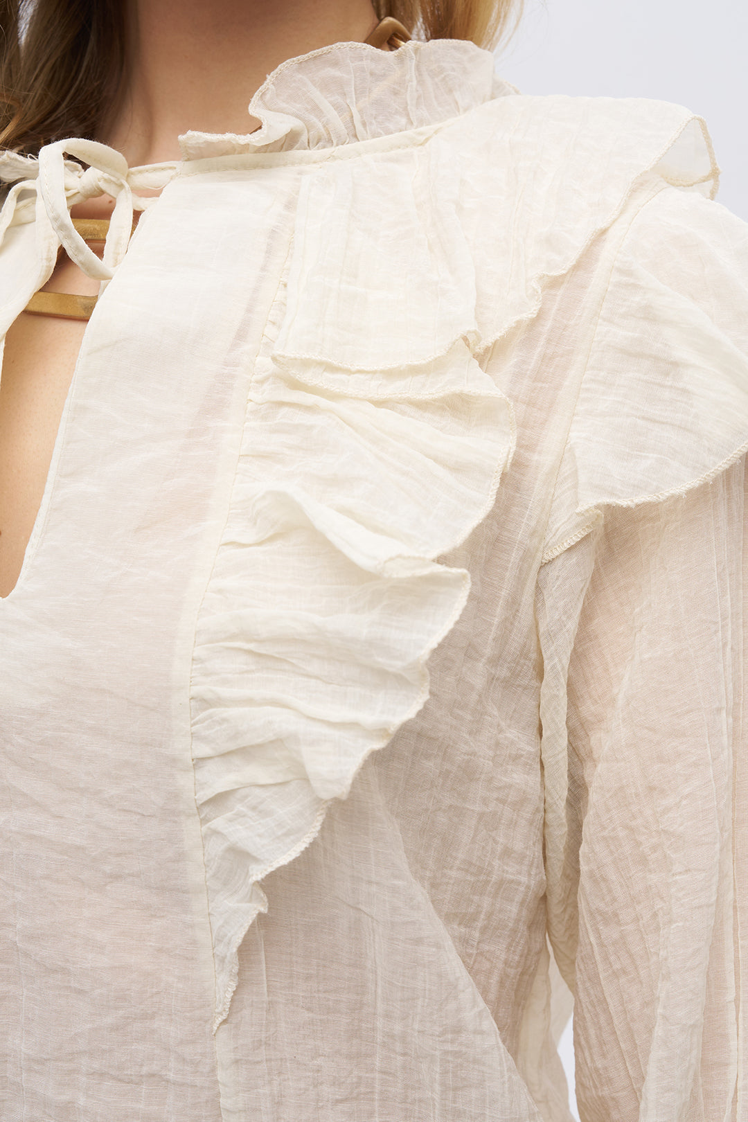 Fırfır Detaylı Yaka Bağlamalı Sarı Bluz