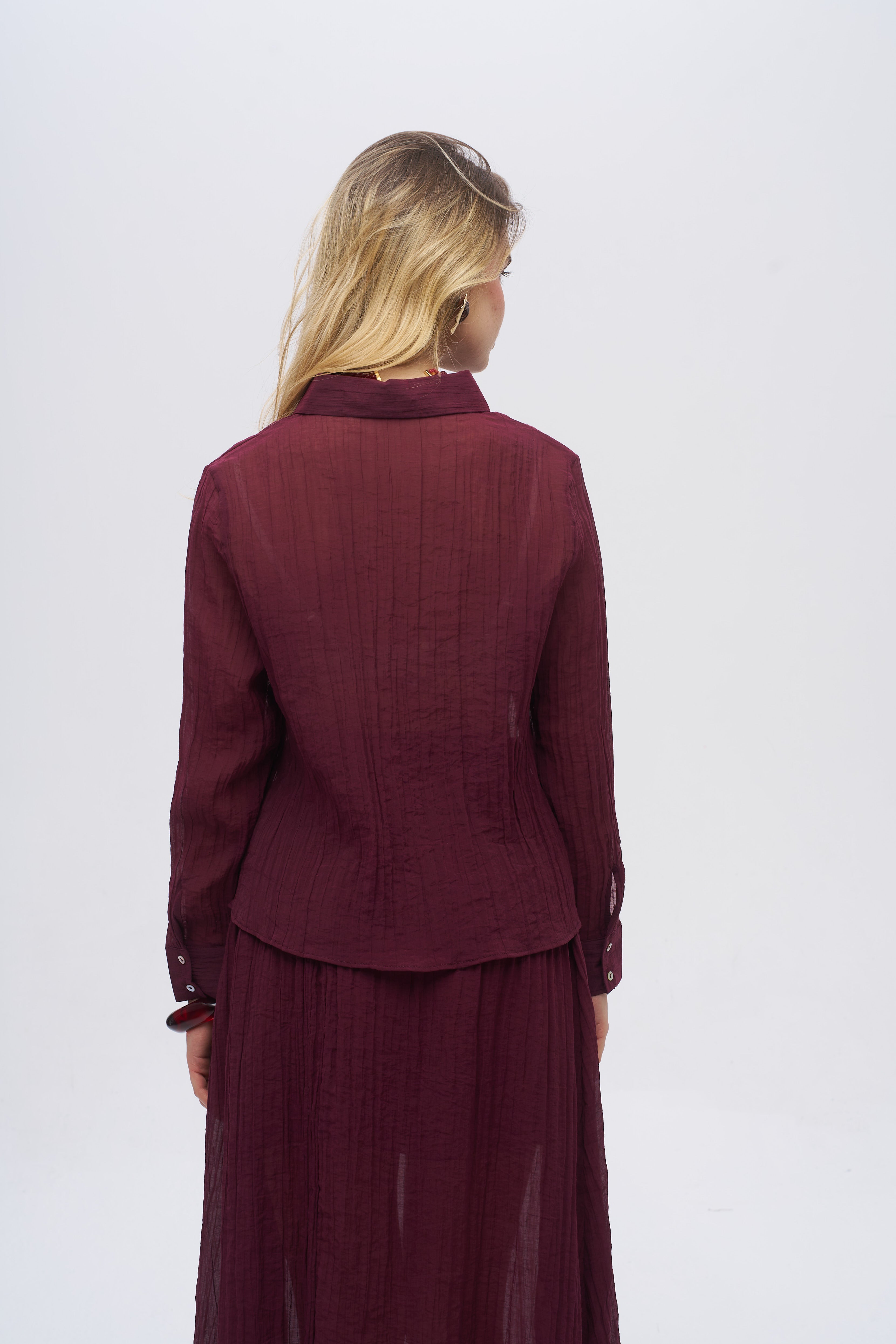 Çizgi Dokulu Klasik Yaka Transparan Gömlek