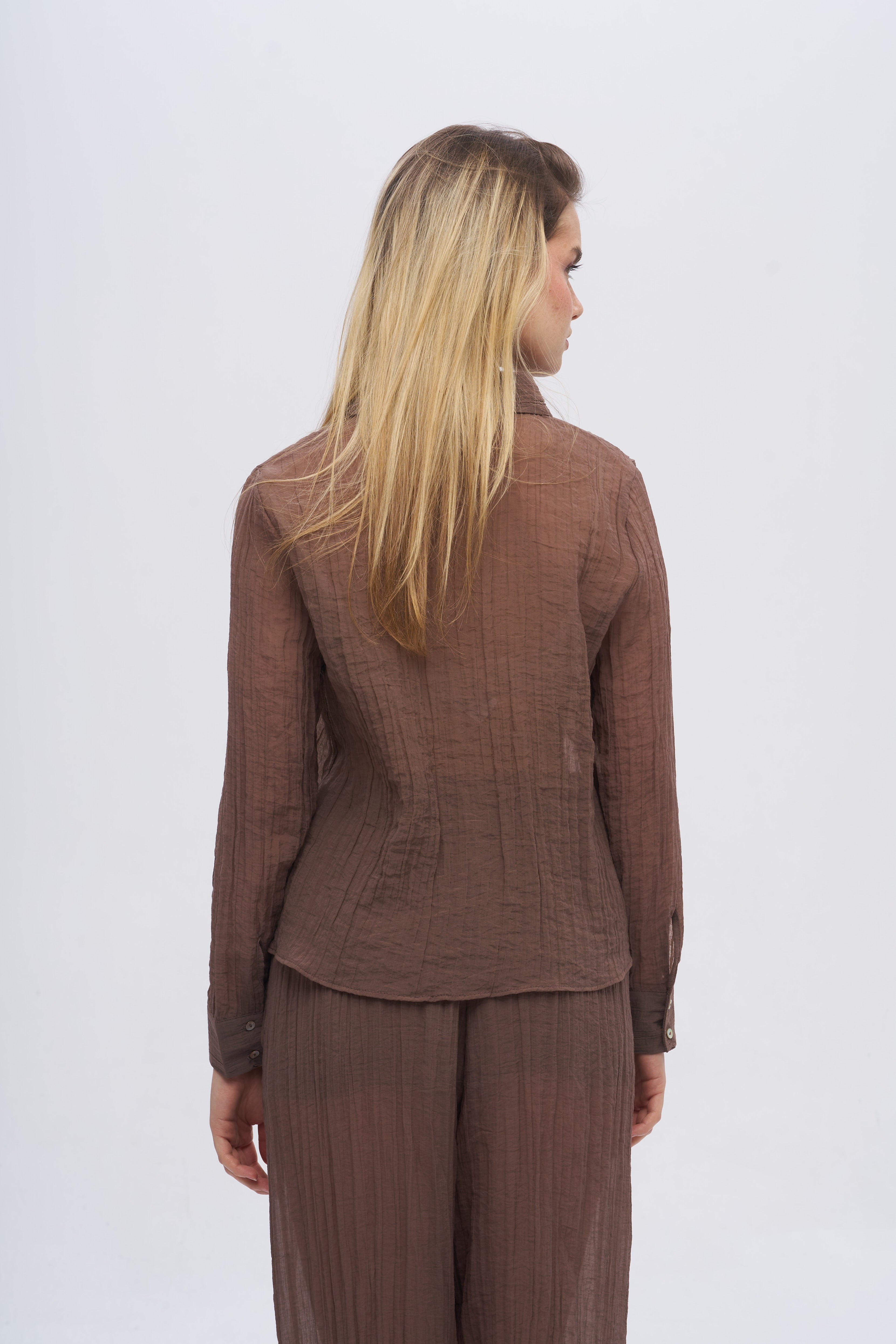 Çizgi Dokulu Klasik Yaka Transparan Gömlek Kahve