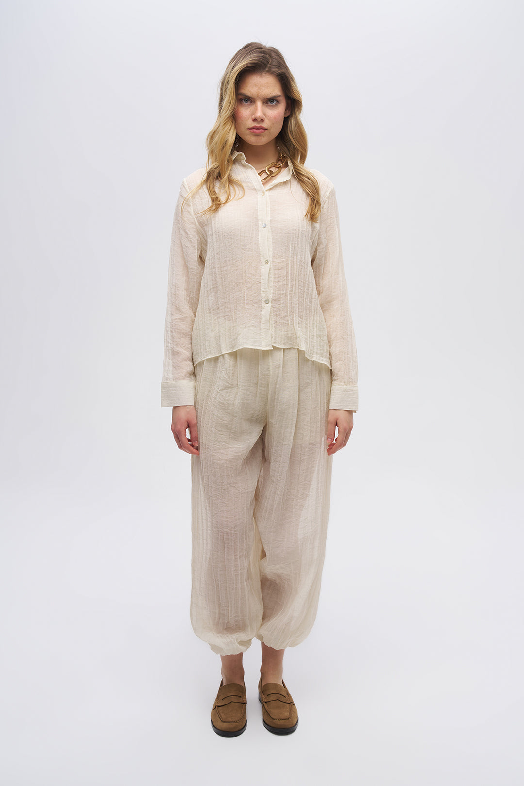 Çizgi Dokulu Klasik Yaka Transparan Gömlek Sarı