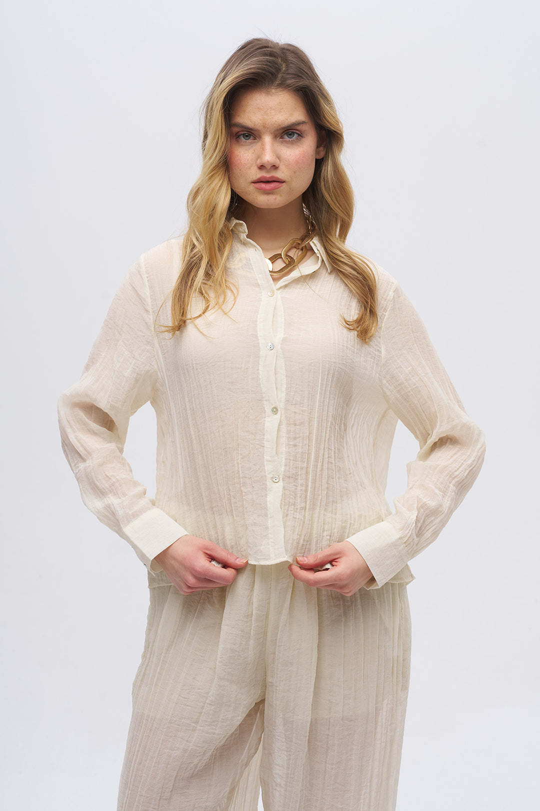 Çizgi Dokulu Klasik Yaka Transparan Gömlek Sarı