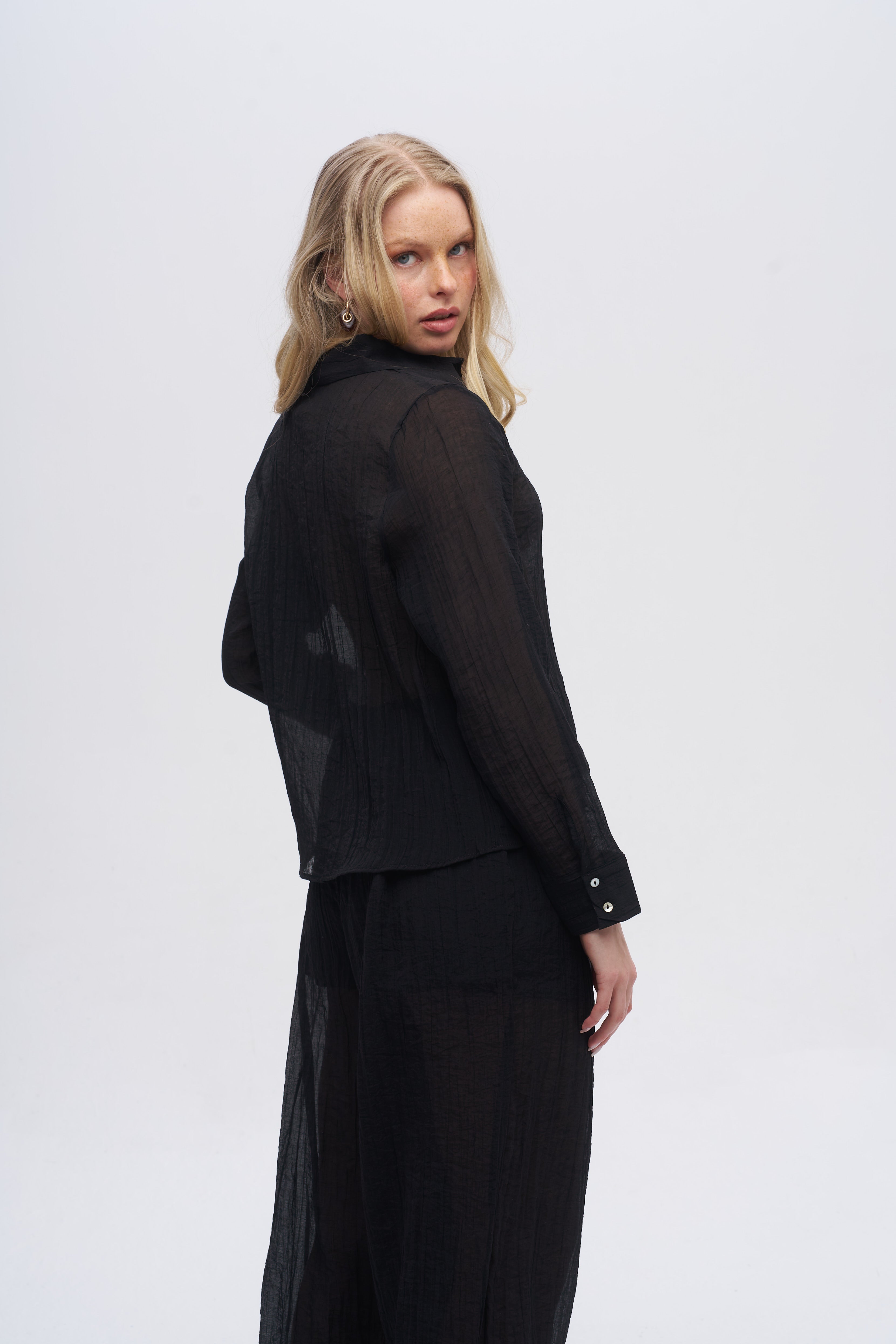 Çizgi Dokulu Klasik Yaka Transparan Gömlek Siyah