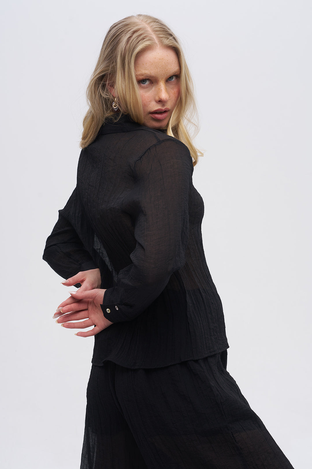 Çizgi Dokulu Klasik Yaka Transparan Gömlek Siyah