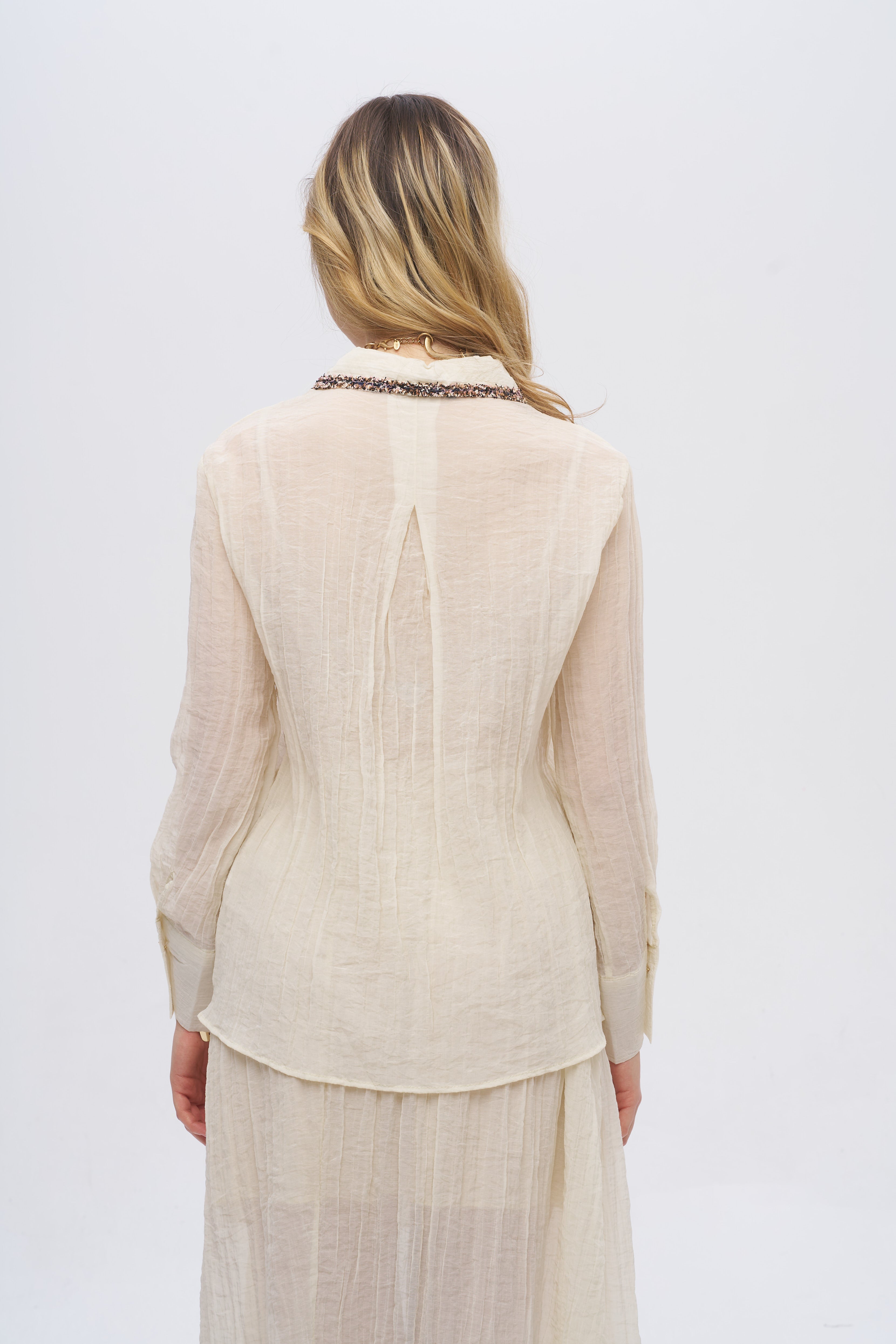 Çizgi Dokulu Taş İşlemeli Gömlek Sarı