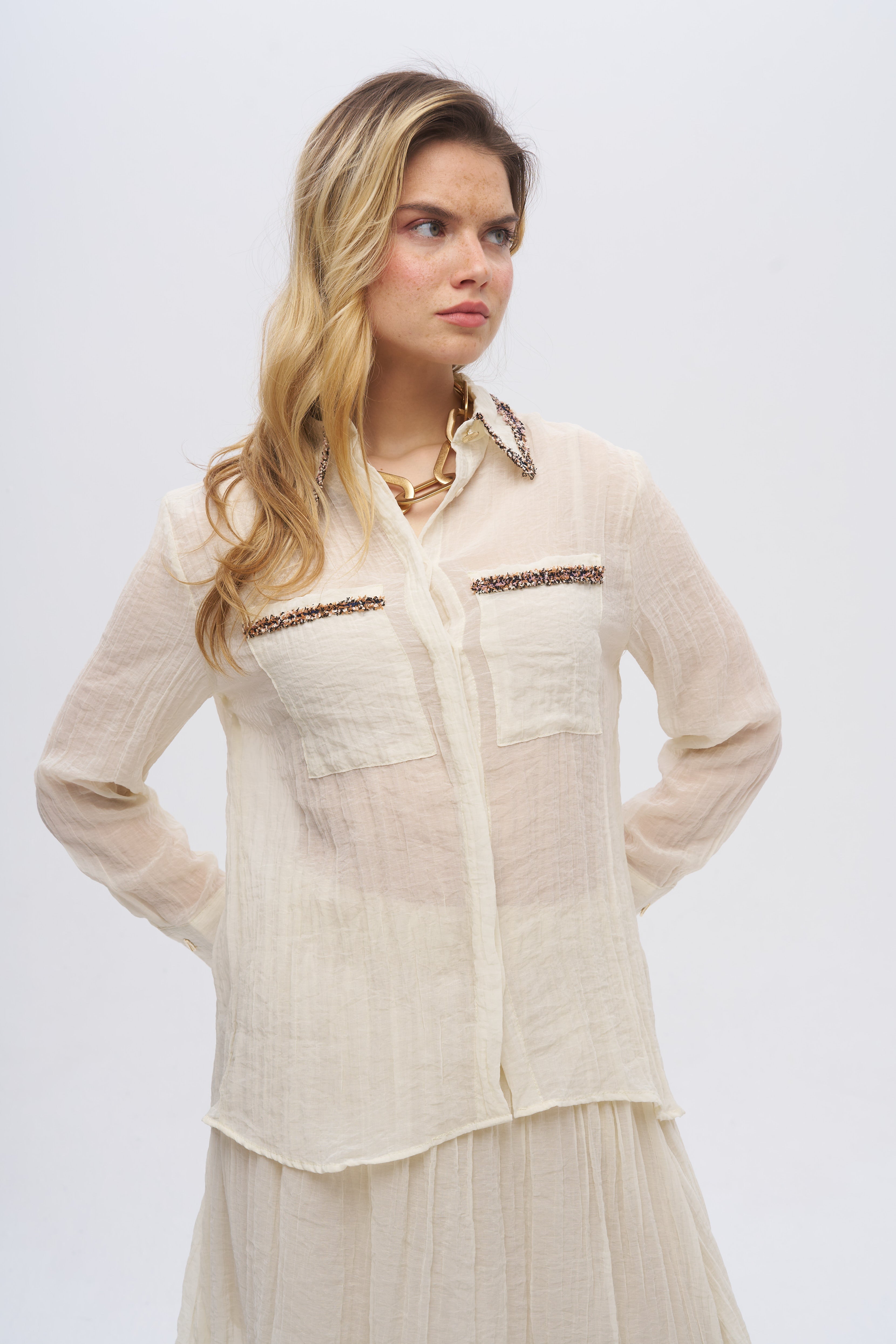 Çizgi Dokulu Taş İşlemeli Gömlek Sarı