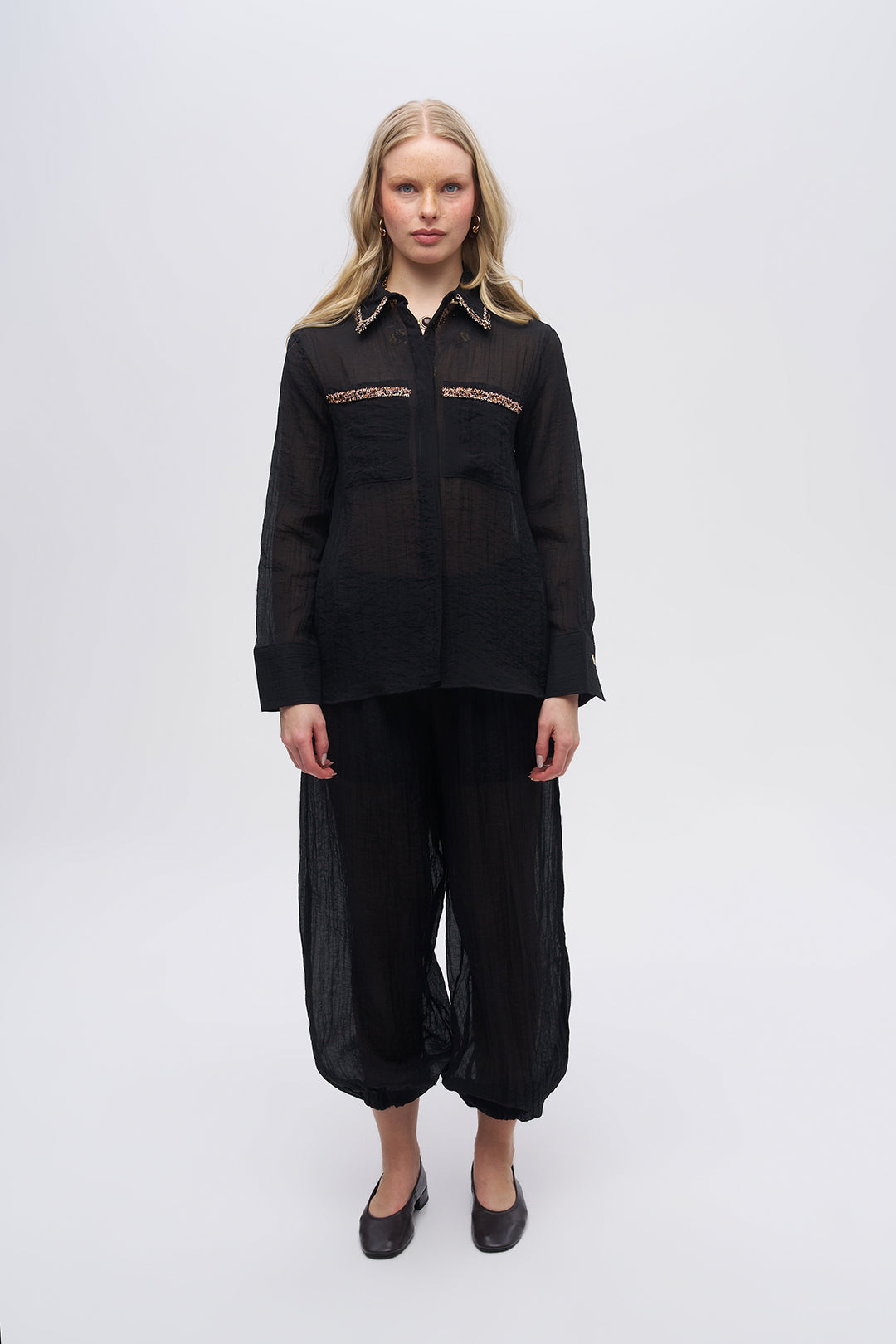 Çizgi Dokulu Taş İşlemeli Gömlek Siyah