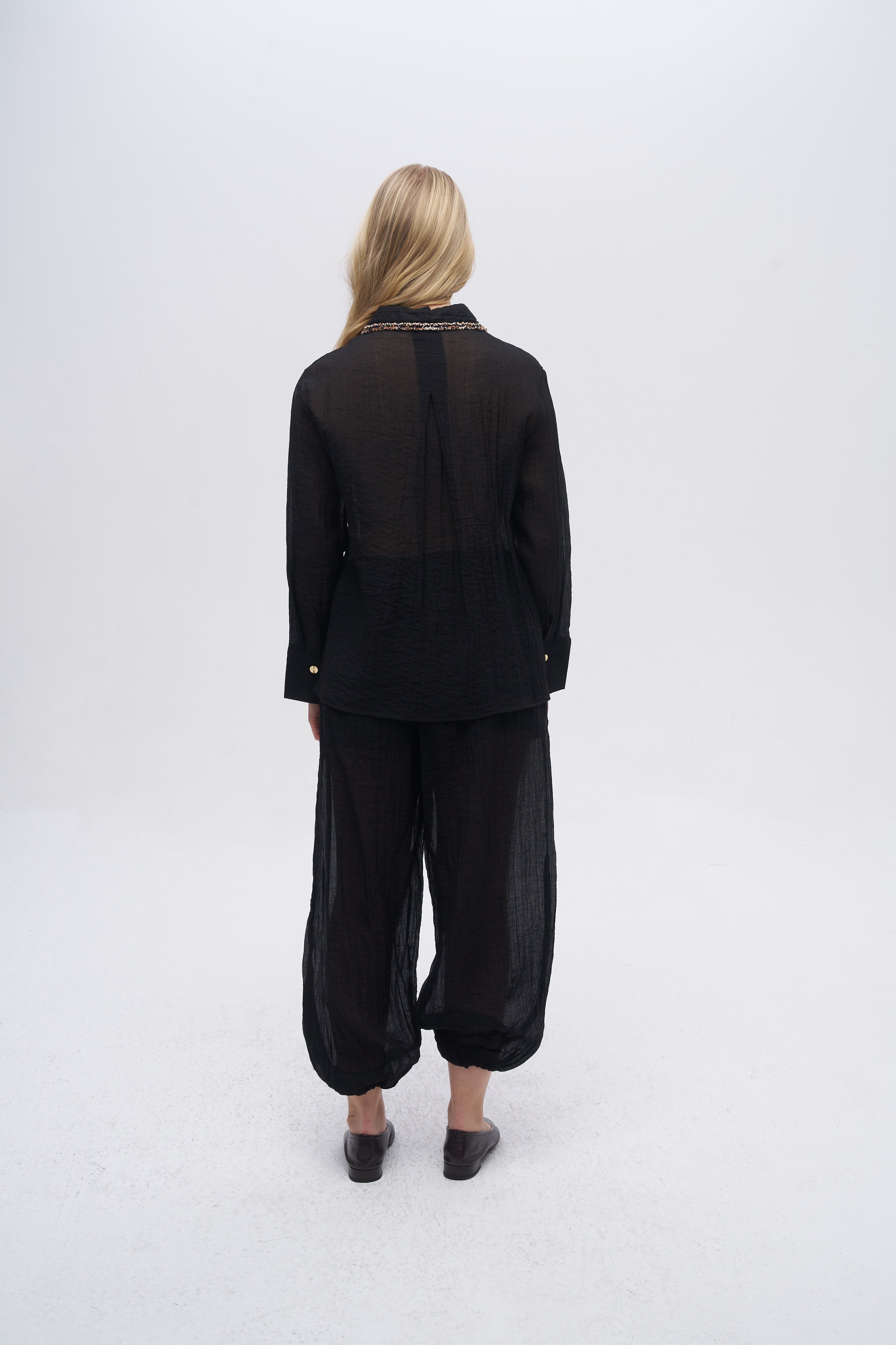 Çizgi Dokulu Taş İşlemeli Gömlek Siyah