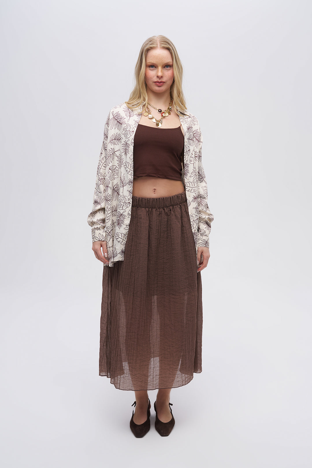 Toptan Kadın Oversize Yaprak Desenli Viskon Gömlek