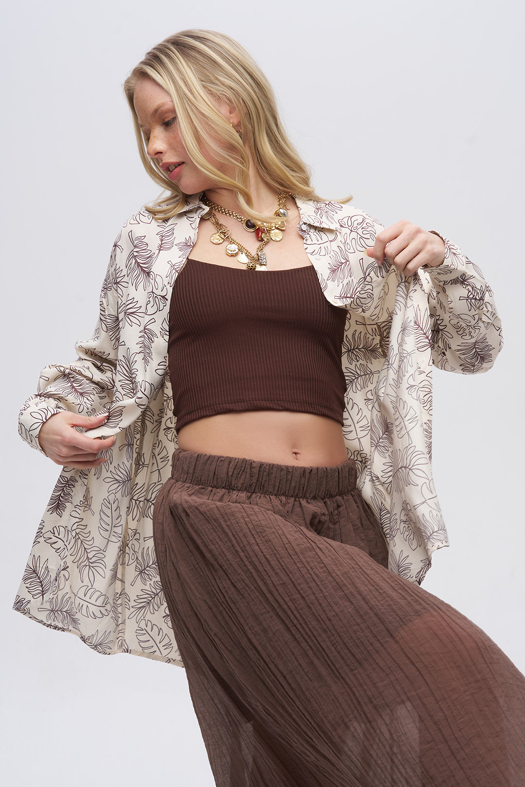 Toptan Kadın Oversize Yaprak Desenli Viskon Gömlek