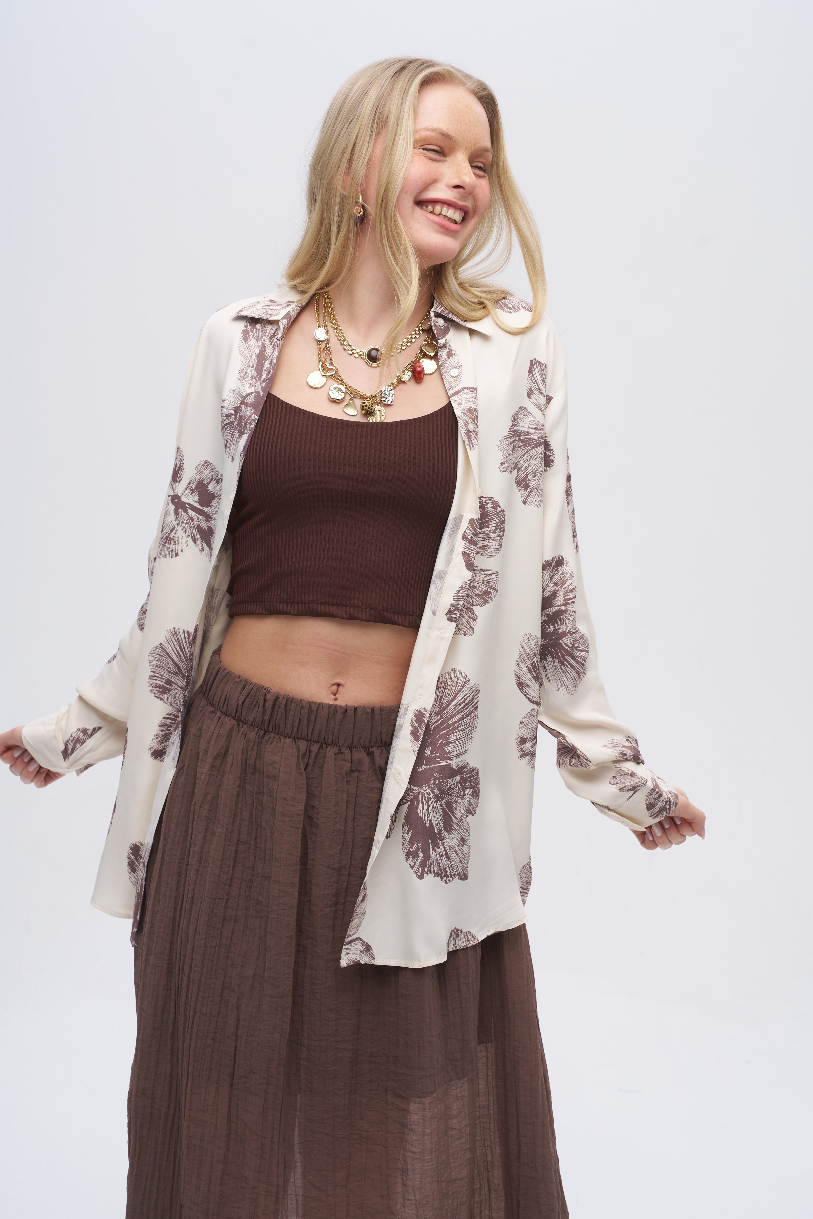 Toptan Çiçek Desenli Oversize Gömlek